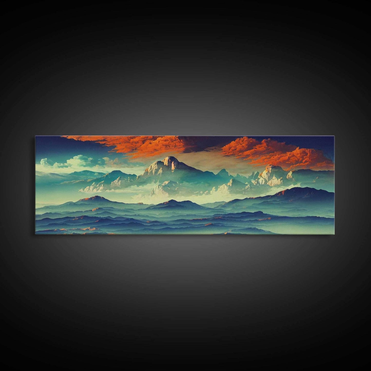 Beautiful Fantasy Mountain Landscape With Orange Clouds, Framed Canvas Print, Ready To Hang Panoramic Wall Decorr - 10x30 Inches / Gallery Wrap Canvas - Ready To Hang