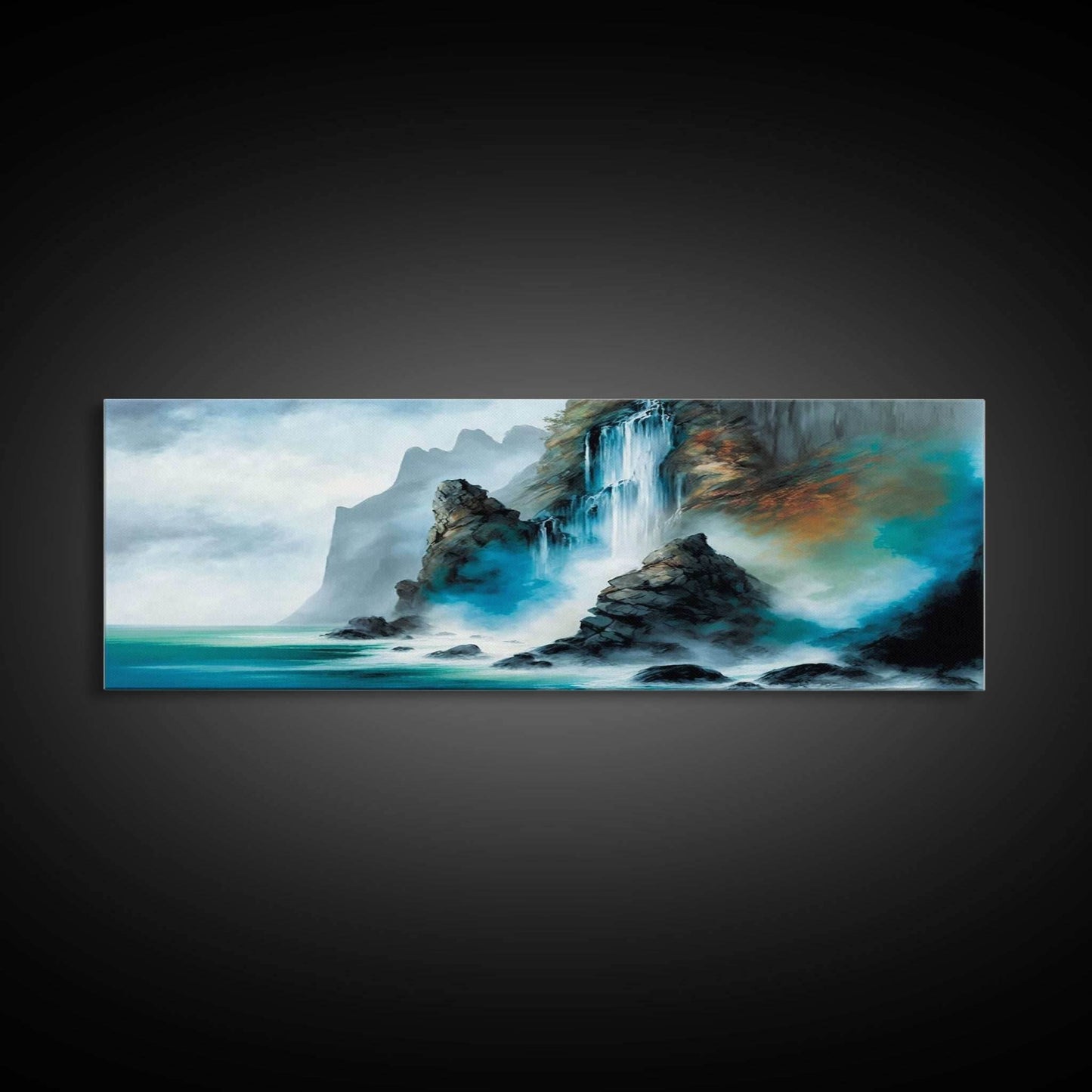 Fantasy Waterfall Canvas Print - Panoramic Landscape Painting - Perfect for Living Room and Bedroom Decor - 10x30 Inches / Gallery Wrap Canvas - Ready To Hang