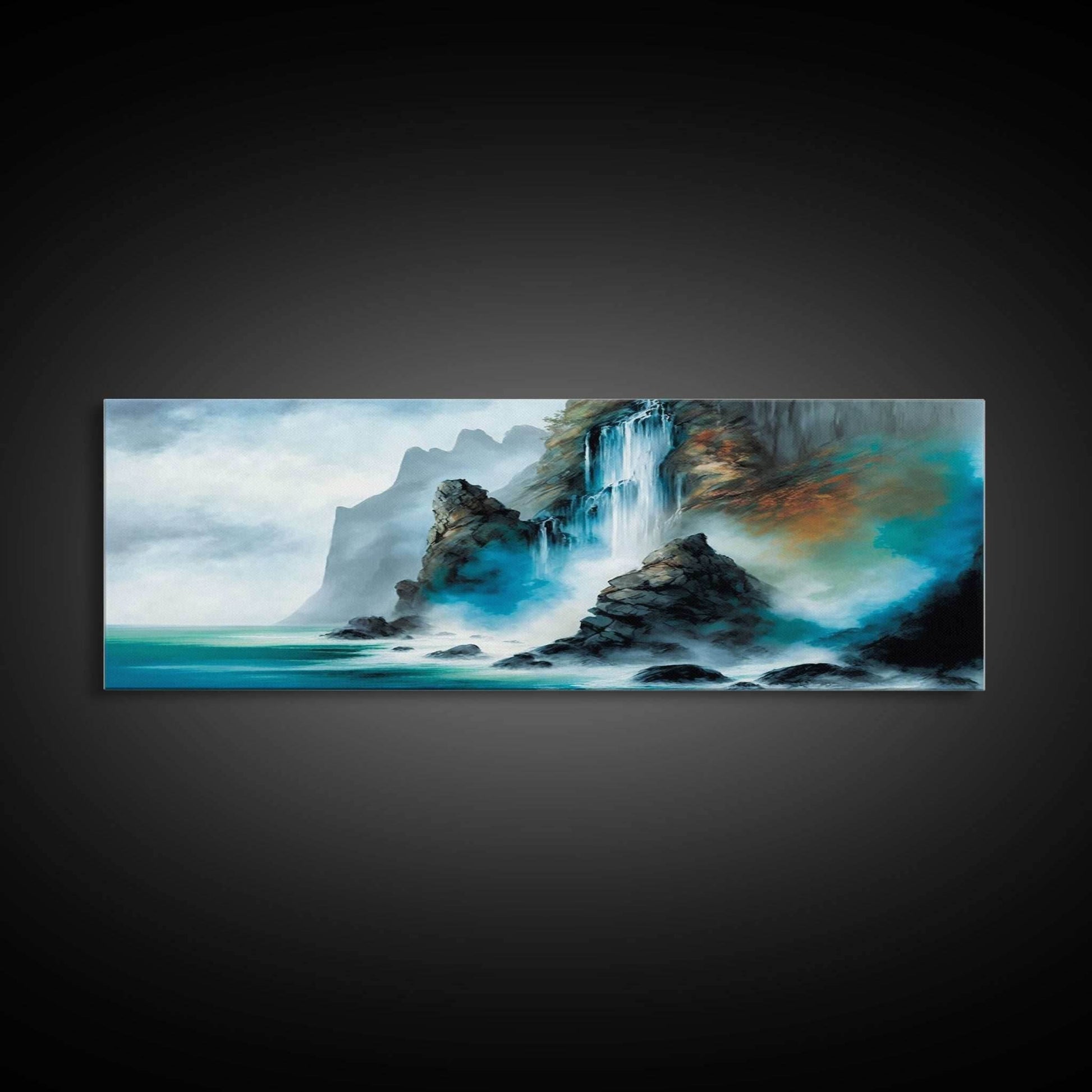 Fantasy Waterfall Canvas Print - Panoramic Landscape Painting - Perfect for Living Room and Bedroom Decor - 10x30 Inches / Gallery Wrap Canvas - Ready To Hang