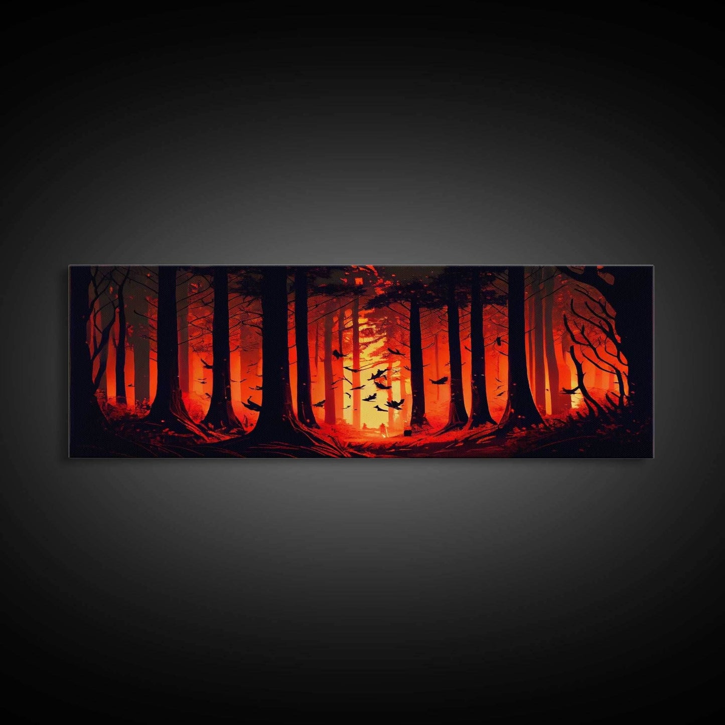 Forest Landscape Art, Forest Fire, Fall / Autumn Decor, Panoramic Wall Art, Framed Canvas Print, Orange and Yellow Fantasy Forest - 10x30 Inches / Gallery Wrap Canvas - Ready To Hang