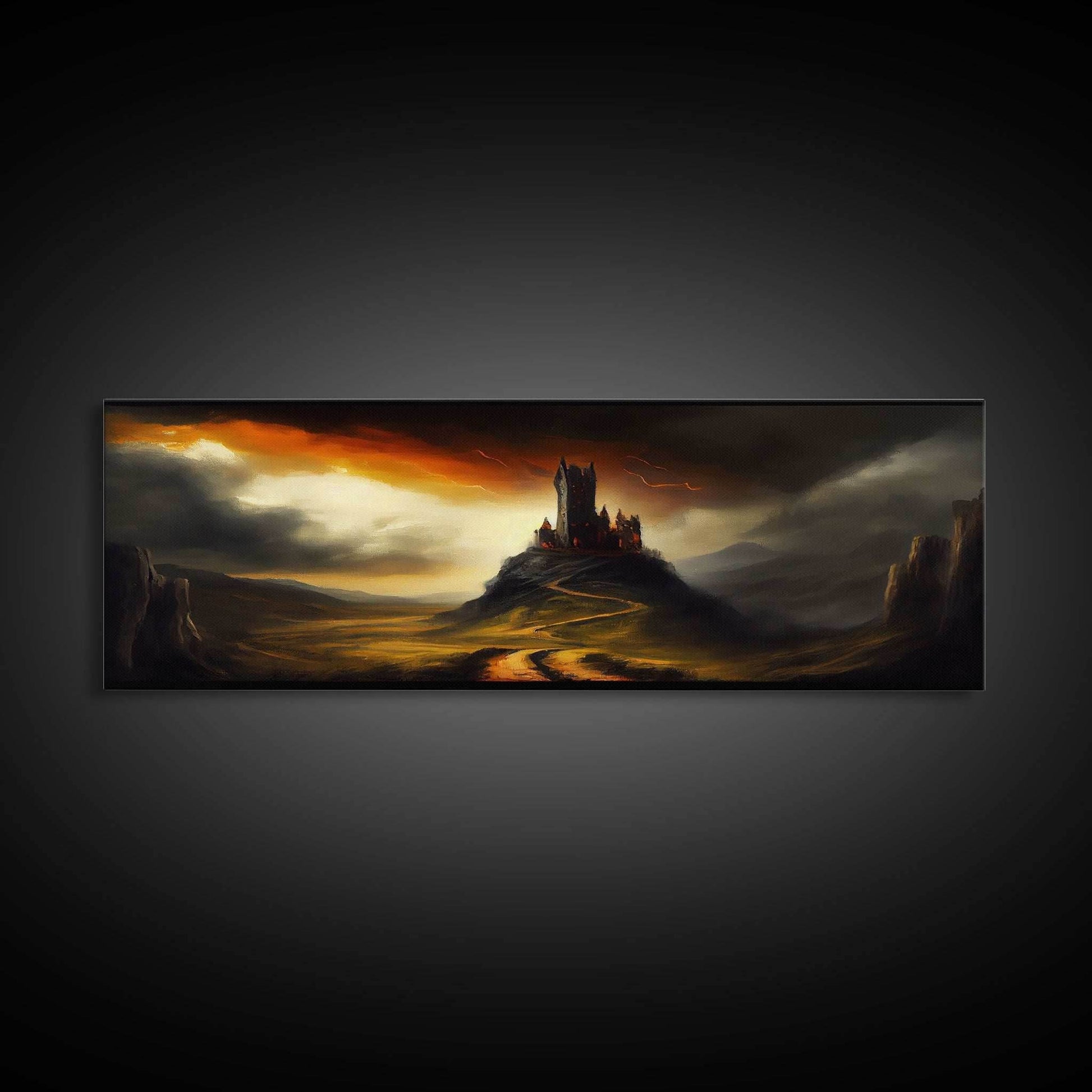 Panoramic Dark Fantasy Wall Art, Framed Canvas, Wood Frame Art, The Dark Castle Oil Painting Fantasy Decor, DND Art - 10x30 Inches / Gallery Wrap Canvas - Ready To Hang