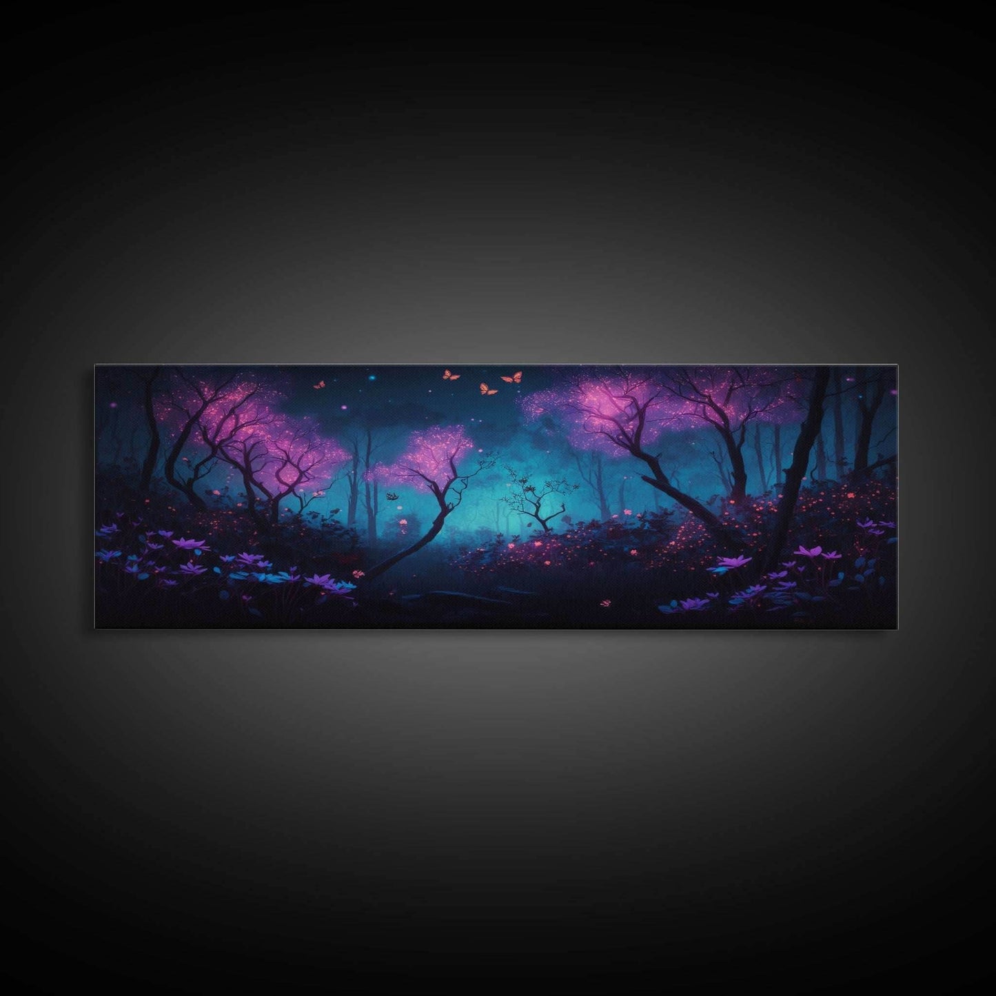Beautiful Fantasy Forest, Framed Canvas Print, Fantasy Art, Butterflies and Fireflies Light up a Fairy Forest At Night, Framed Wall Art - 10x30 Inches / Gallery Wrap Canvas - Ready To Hang