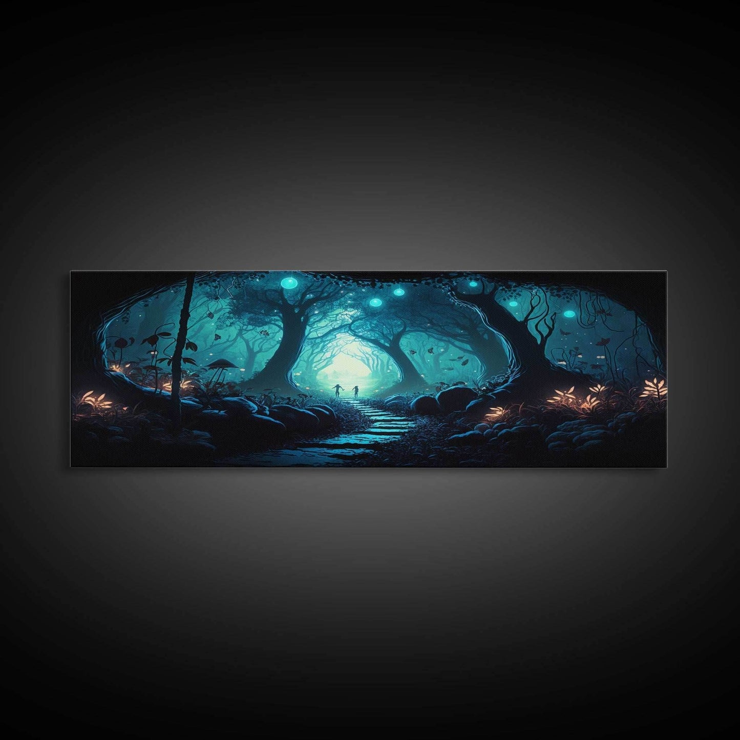 The mycelium Networrk, Fantasy Art, Framed Canvas Print, Bioluminescent Fantasy Forest At Night, Blue Glowing Ambience Art - 10x30 Inches / Gallery Wrap Canvas - Ready To Hang