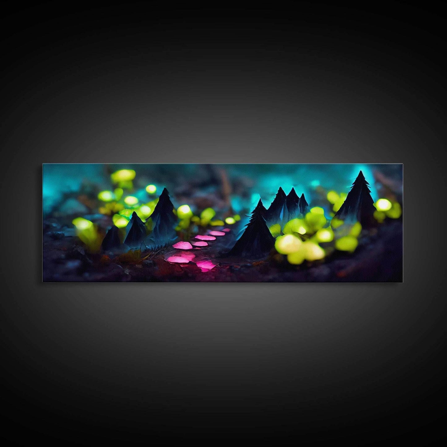 Luminescent trail in the forest, fantasy art, RPG concept art, tiny worlds, glowing mushrooms , Ready To Hang Canvas Print, Panoramic Art, - 10x30 Inches / Gallery Wrap Canvas - Ready To Hang