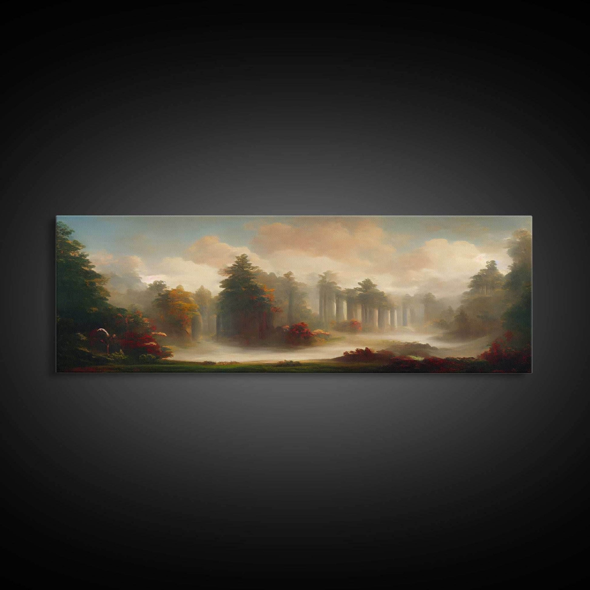 Hazy Forest Fantasy Art, Ready To Hang Canvas Print, Panoramic Art, Fog Covered Forest High Fantasy RPG Concept Art - 10x30 Inches / Gallery Wrap Canvas - Ready To Hang