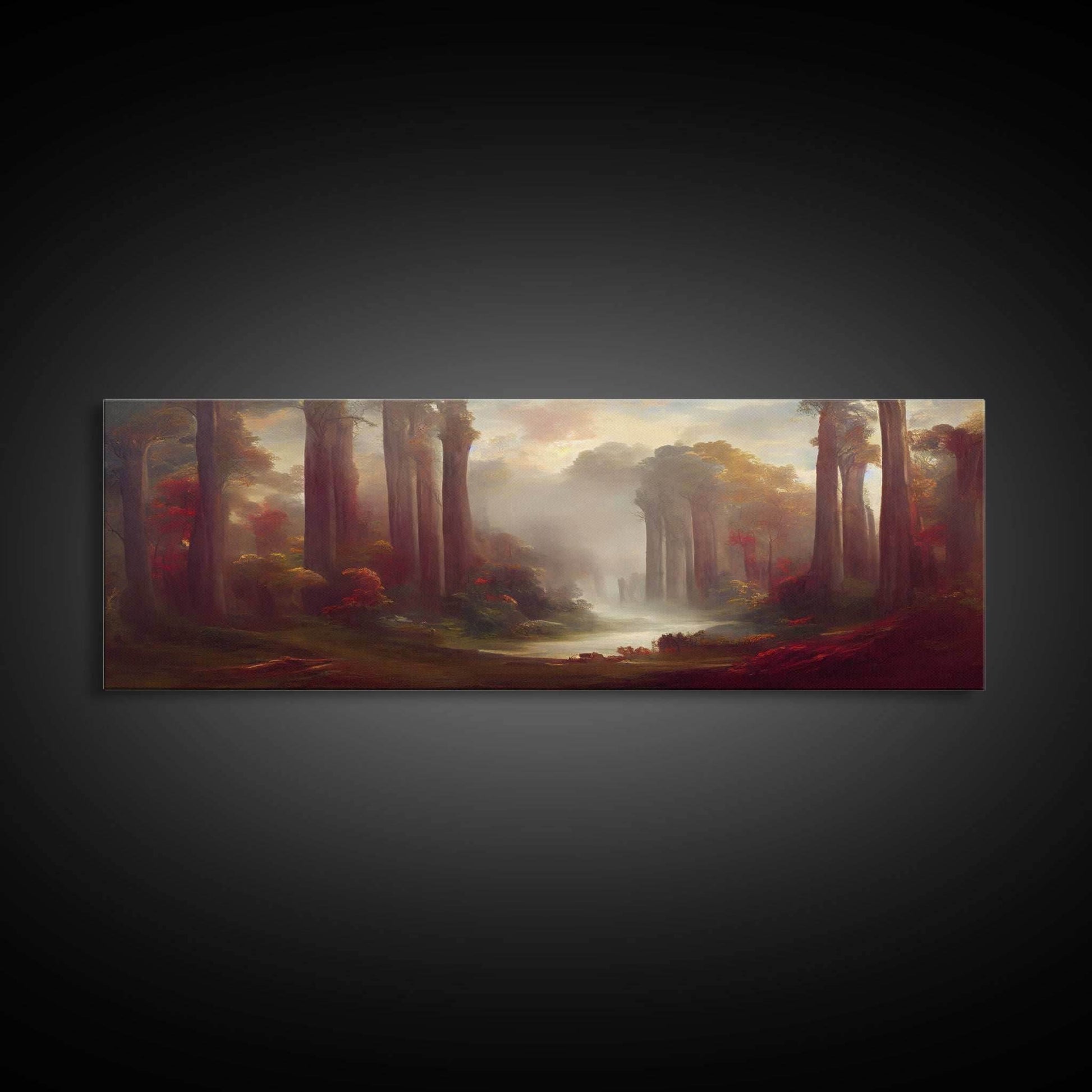 Hazy Forest Fantasy Art, Ready To Hang Canvas Print, Panoramic Art, Fog Covered Forest High Fantasy RPG Concept Art - 10x30 Inches / Gallery Wrap Canvas - Ready To Hang