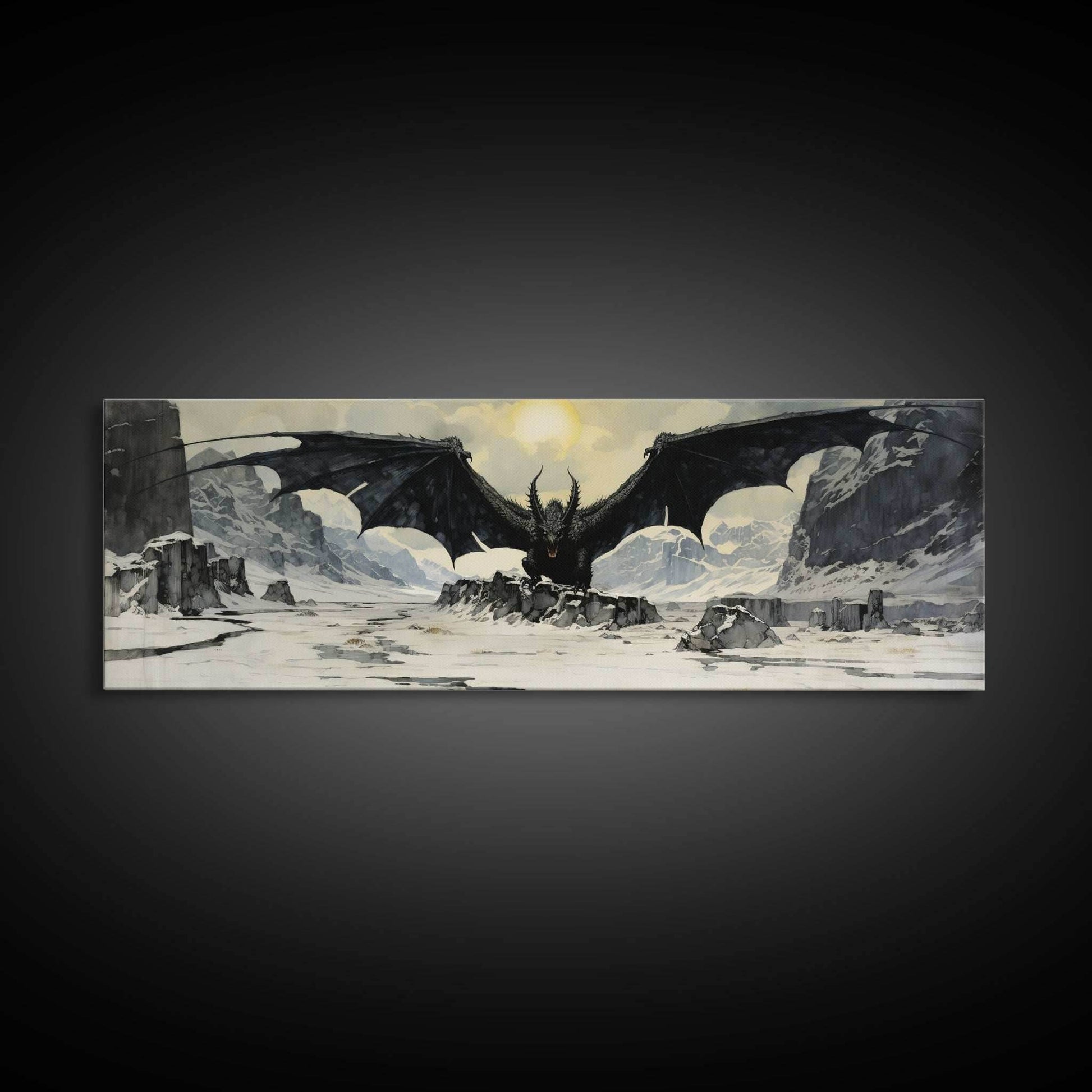 Panoramic Of a Dragon, Framed Canvas Print, Fantasy Decor, Fantasy Dragon Painting - 10x30 Inches / Gallery Wrap Canvas - Ready To Hang