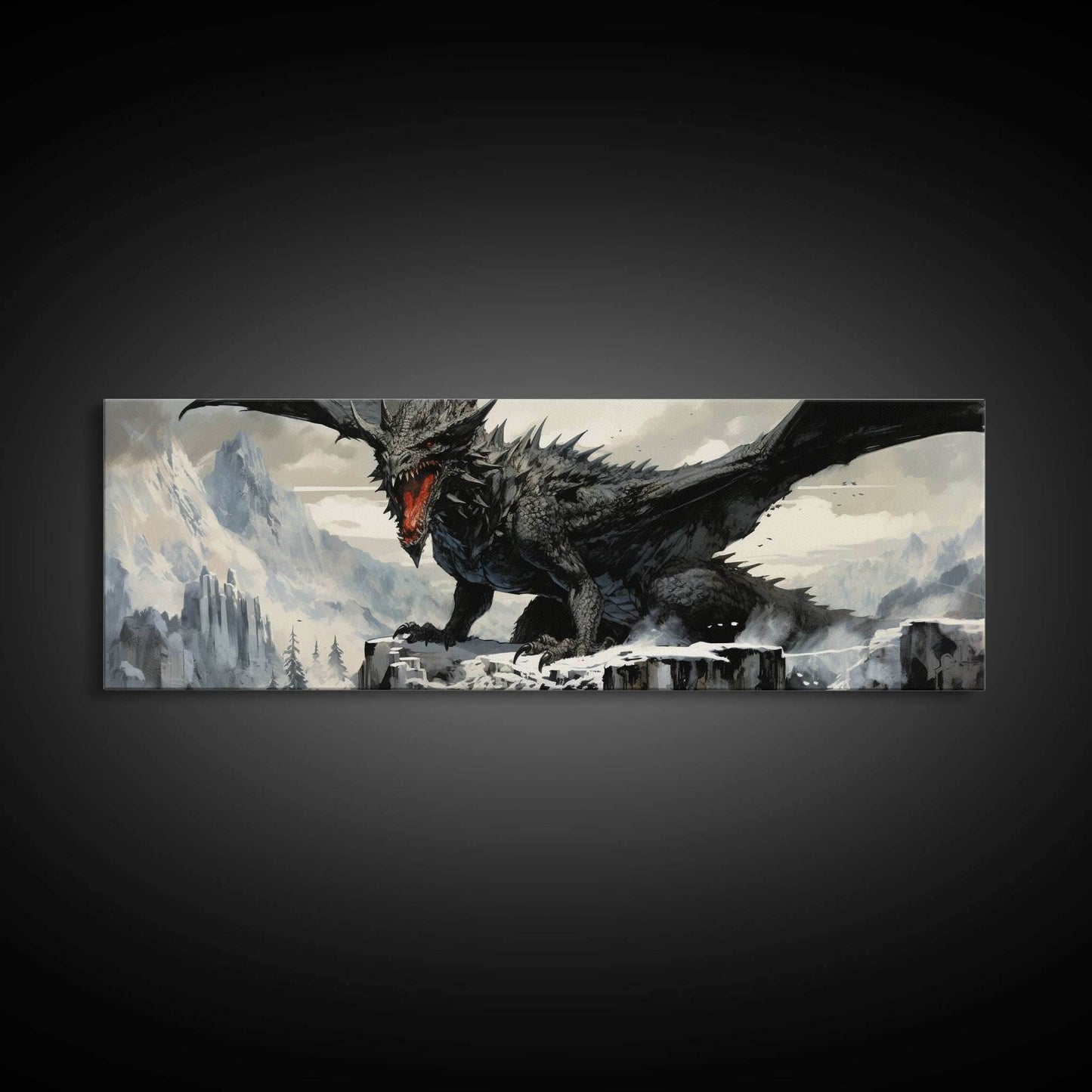 Dragon Painting, Framed Canvas Print, Dragon Art, Fantasy Art, Fantasy Painting, Watercolor Dragon Painting, Art Print - 10x30 Inches / Gallery Wrap Canvas - Ready To Hang