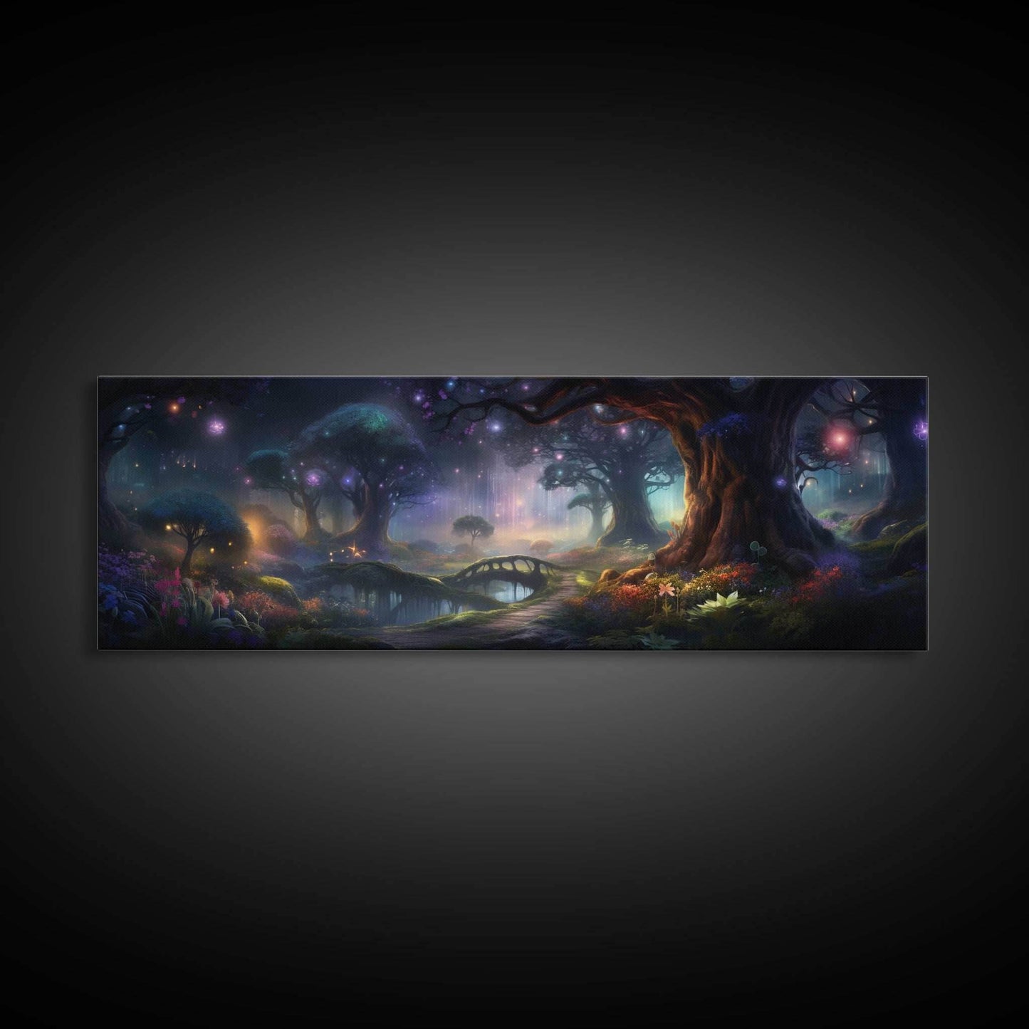 Spiritual Fantasy Forest Wall Art Print, Lanterns and Glowing Trees and Rivers, Fantasy Painting, Living Room Wall Art - 10x30 Inches / Gallery Wrap Canvas - Ready To Hang