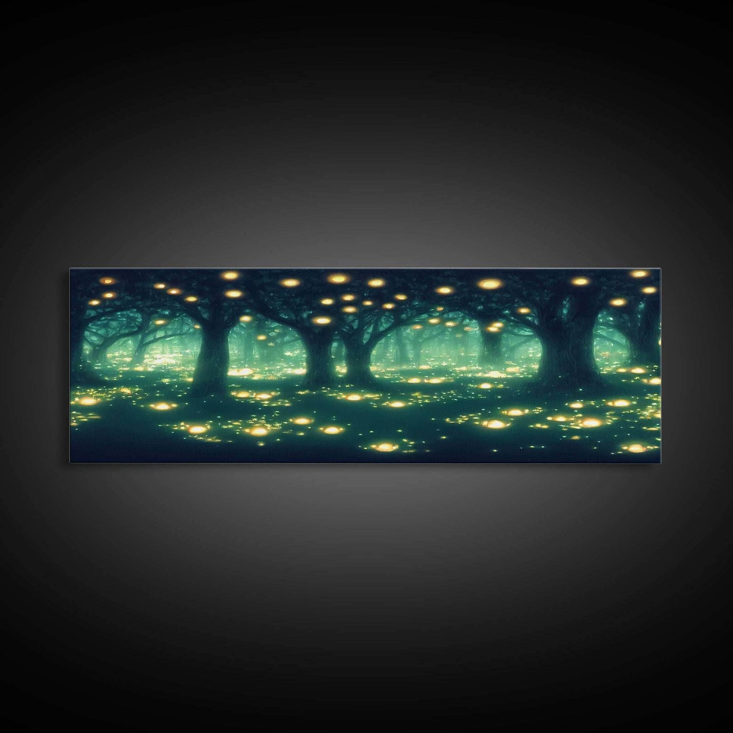 Fantasy Forest At Night With Fireflies, Extra Large Wall Art, Framed Panoramic Canvas Print, Framed Wall Art - 10x30 Inches / Gallery Wrap Canvas - Ready To Hang
