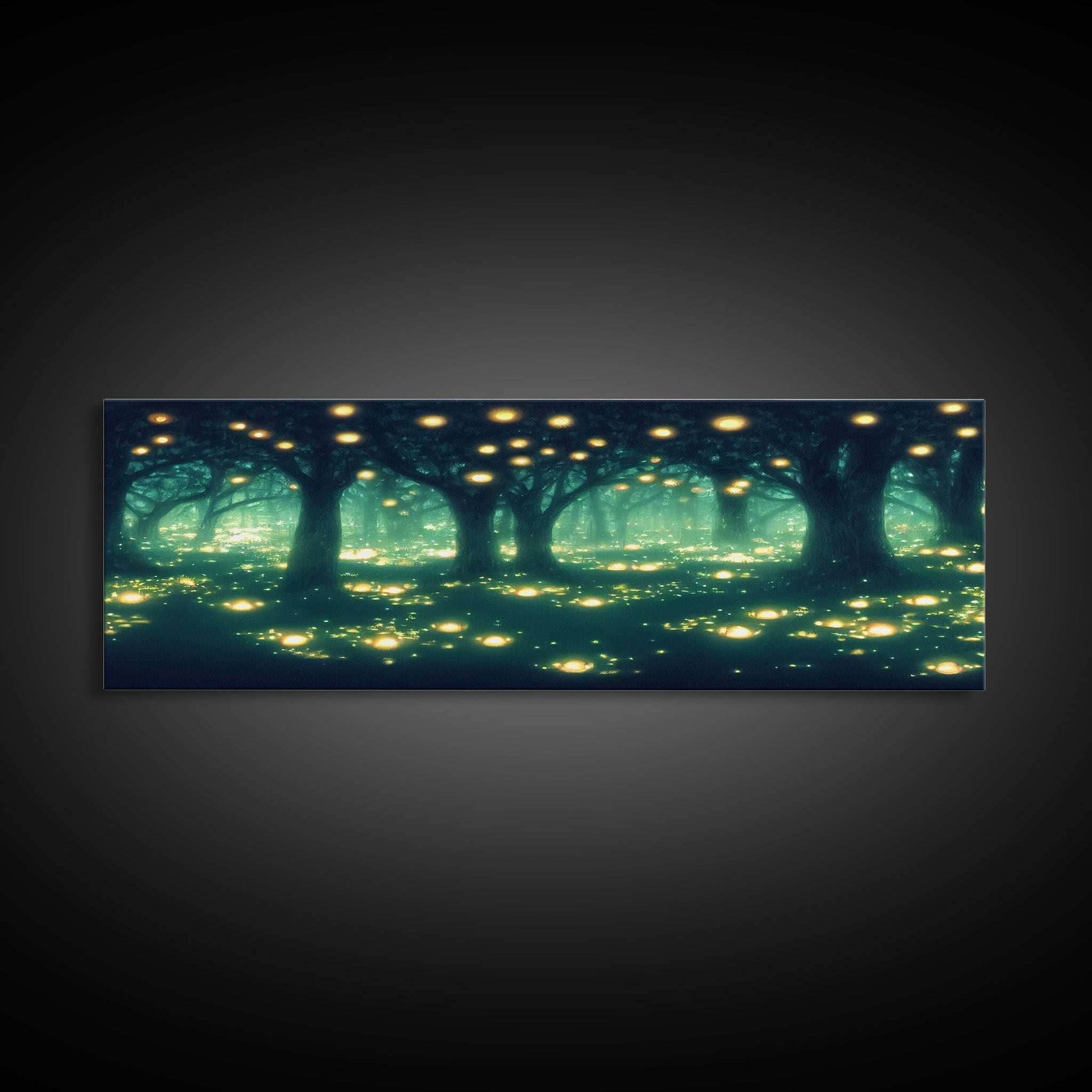 Fantasy Forest At Night With Fireflies, Extra Large Wall Art, Framed Panoramic Canvas Print, Framed Wall Art - 10x30 Inches / Gallery Wrap Canvas - Ready To Hang