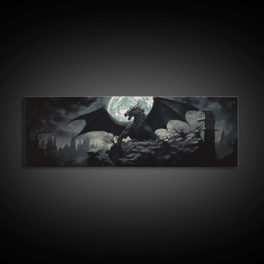 The Dragon, Framed Canvas Print, Panoramic Fantasy Painting, Fantasy Decor, Dragon Art, Dragon Painting, Dragon art print - 10x30 Inches / Gallery Wrap Canvas - Ready To Hang