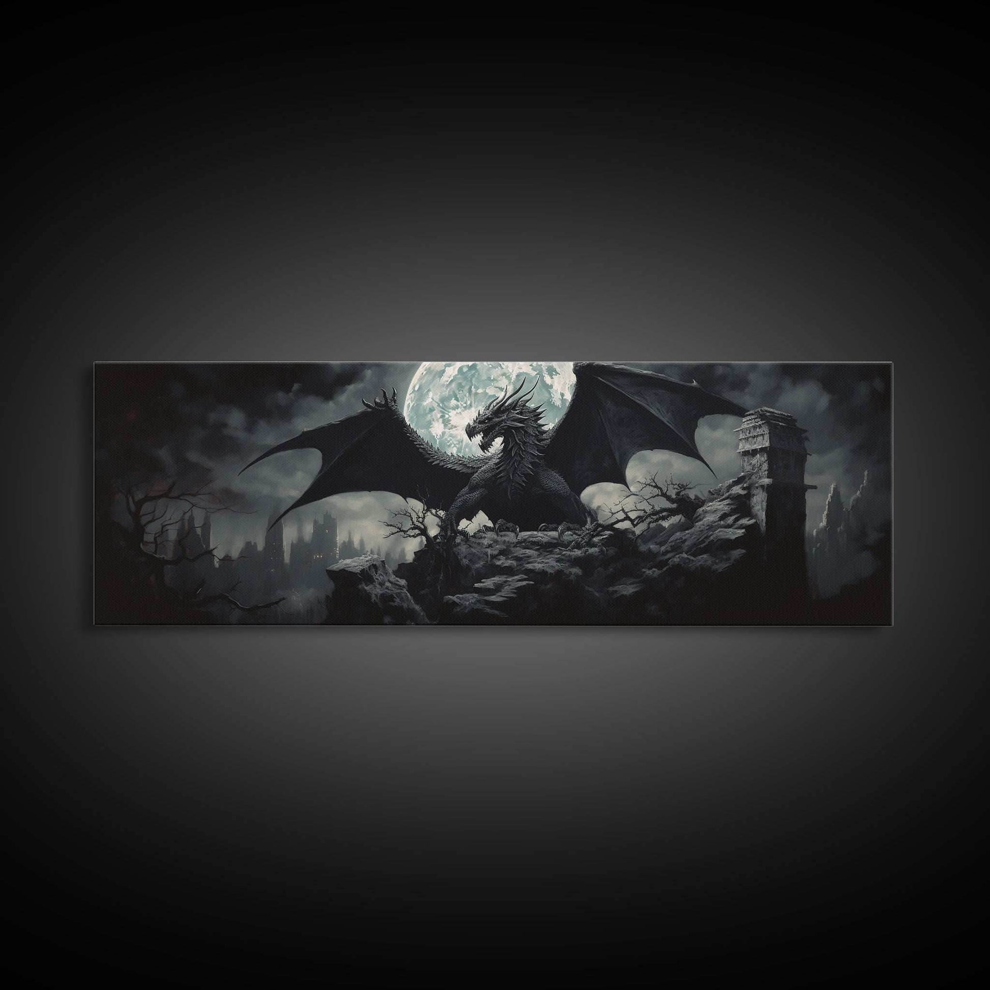 The Dragon, Framed Canvas Print, Panoramic Fantasy Painting, Fantasy Decor, Dragon Art, Dragon Painting, Dragon art print - 10x30 Inches / Gallery Wrap Canvas - Ready To Hang