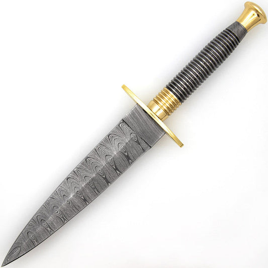 Full Damascus Steel Commando Knife with Brass Fittings and Leather Sheath-0