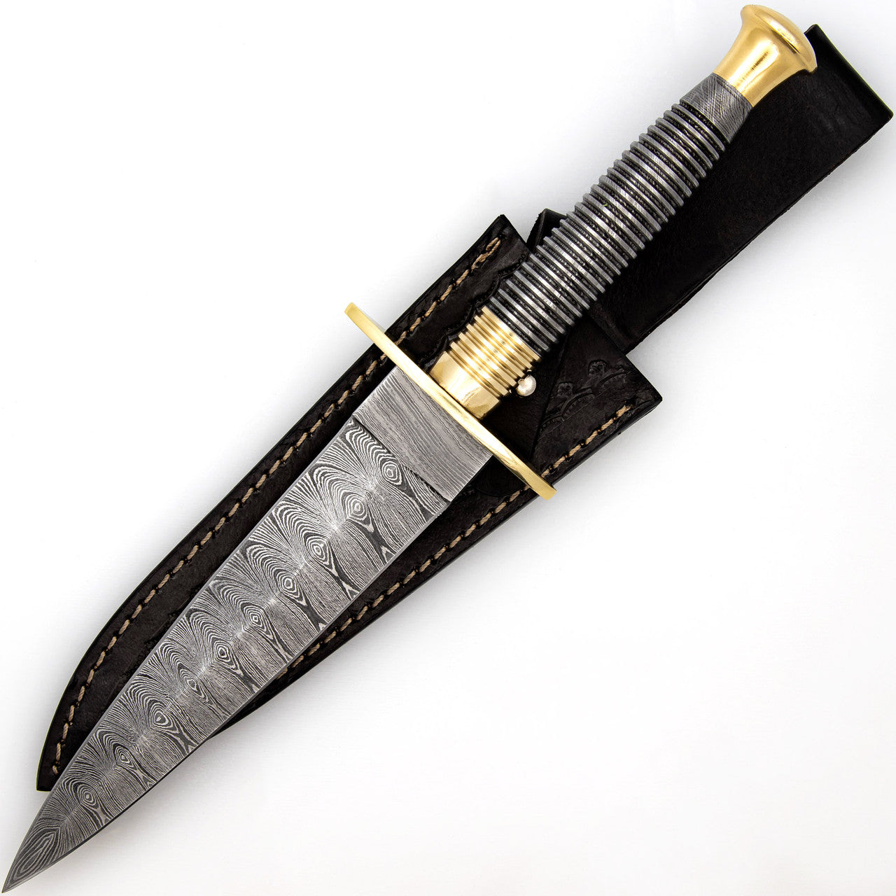 Full Damascus Steel Commando Knife with Brass Fittings and Leather Sheath-1