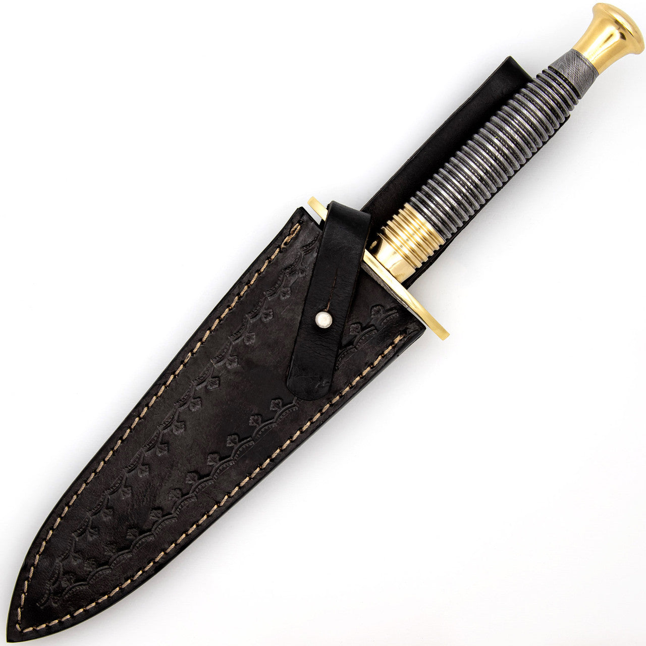 Full Damascus Steel Commando Knife with Brass Fittings and Leather Sheath-3