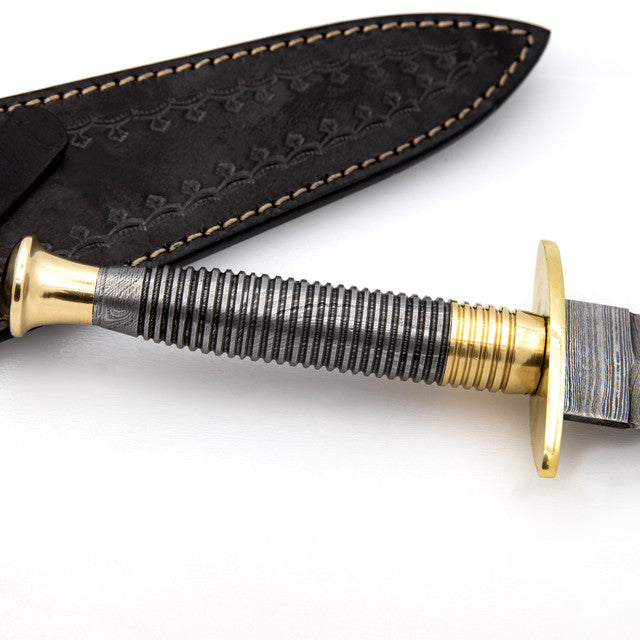 Full Damascus Steel Commando Knife with Brass Fittings and Leather Sheath-4