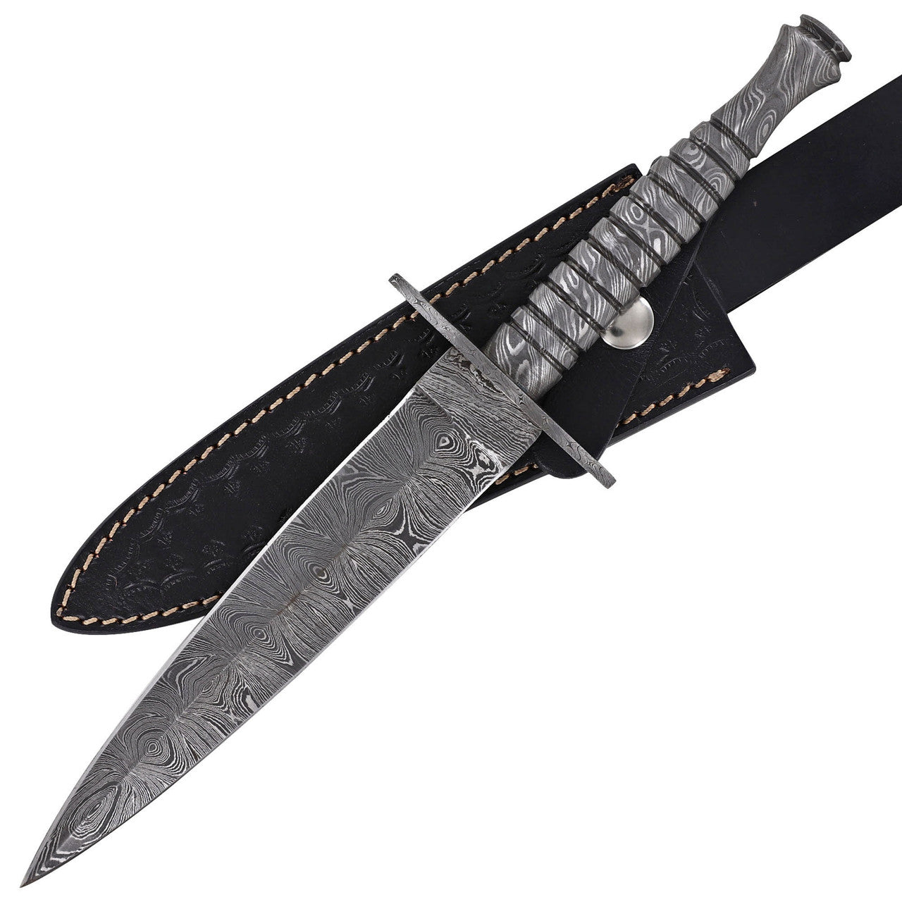 Full Damascus Steel Commando Knife with Leather Sheath-1