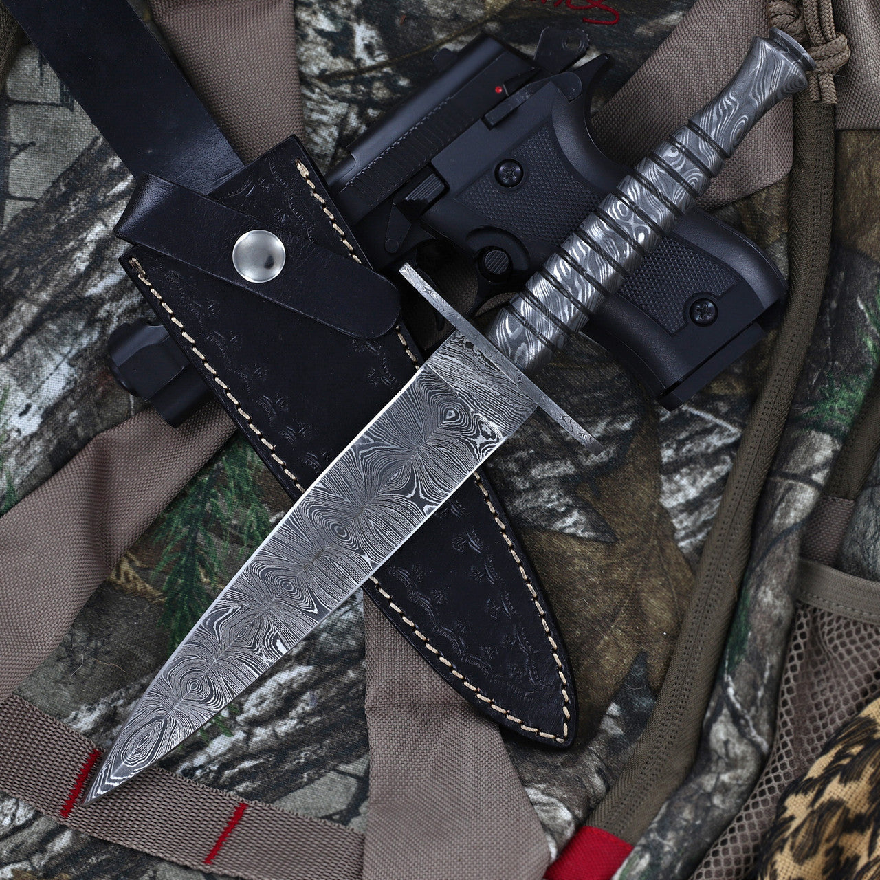 Full Damascus Steel Commando Knife with Leather Sheath-4