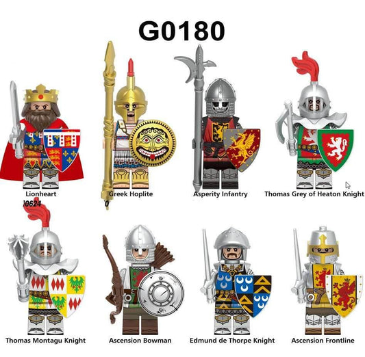 Medieval Custom Minifig Set of 8 – Lionheart, Hoplite, and Knights - 