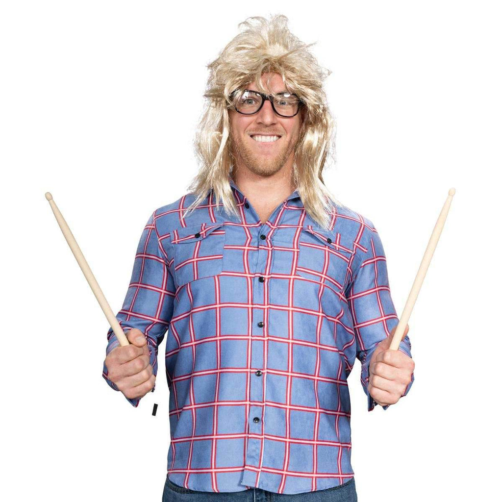 Garth Funny Tv Show Character Cosplay Button Down Flannel Shirt Wig and Drumstick Halloween Costume Set - S