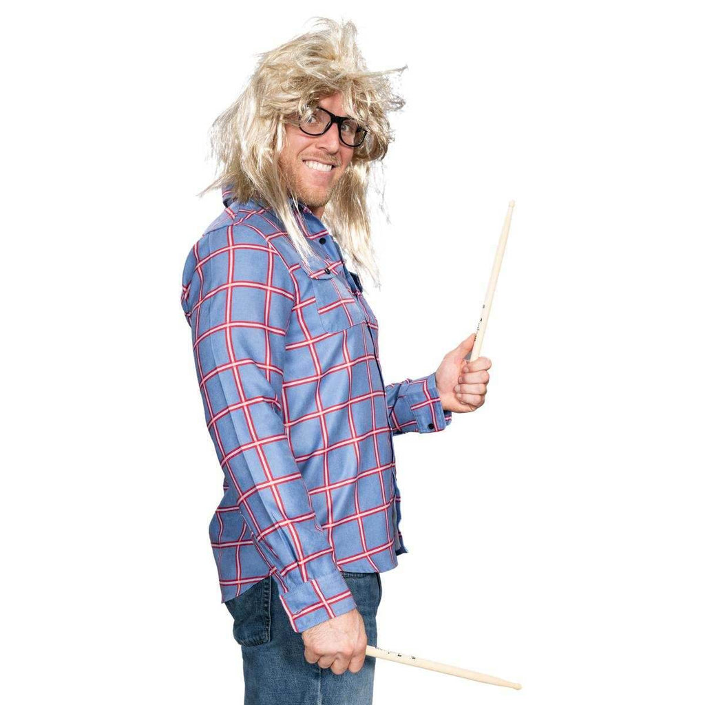 Garth Funny Tv Show Character Cosplay Button Down Flannel Shirt Wig and Drumstick Halloween Costume Set - S