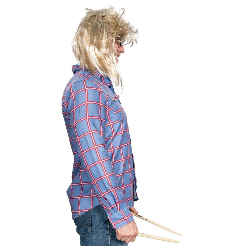 Garth Funny Tv Show Character Cosplay Button Down Flannel Shirt Wig and Drumstick Halloween Costume Set - S