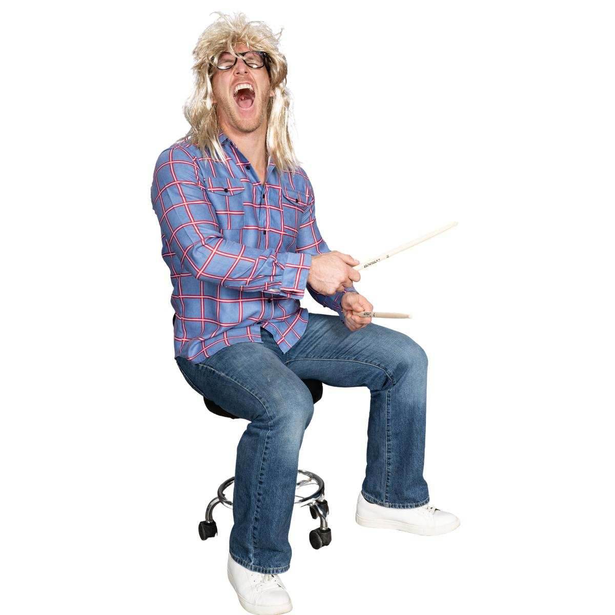 Garth Funny Tv Show Character Cosplay Button Down Flannel Shirt Wig and Drumstick Halloween Costume Set - S