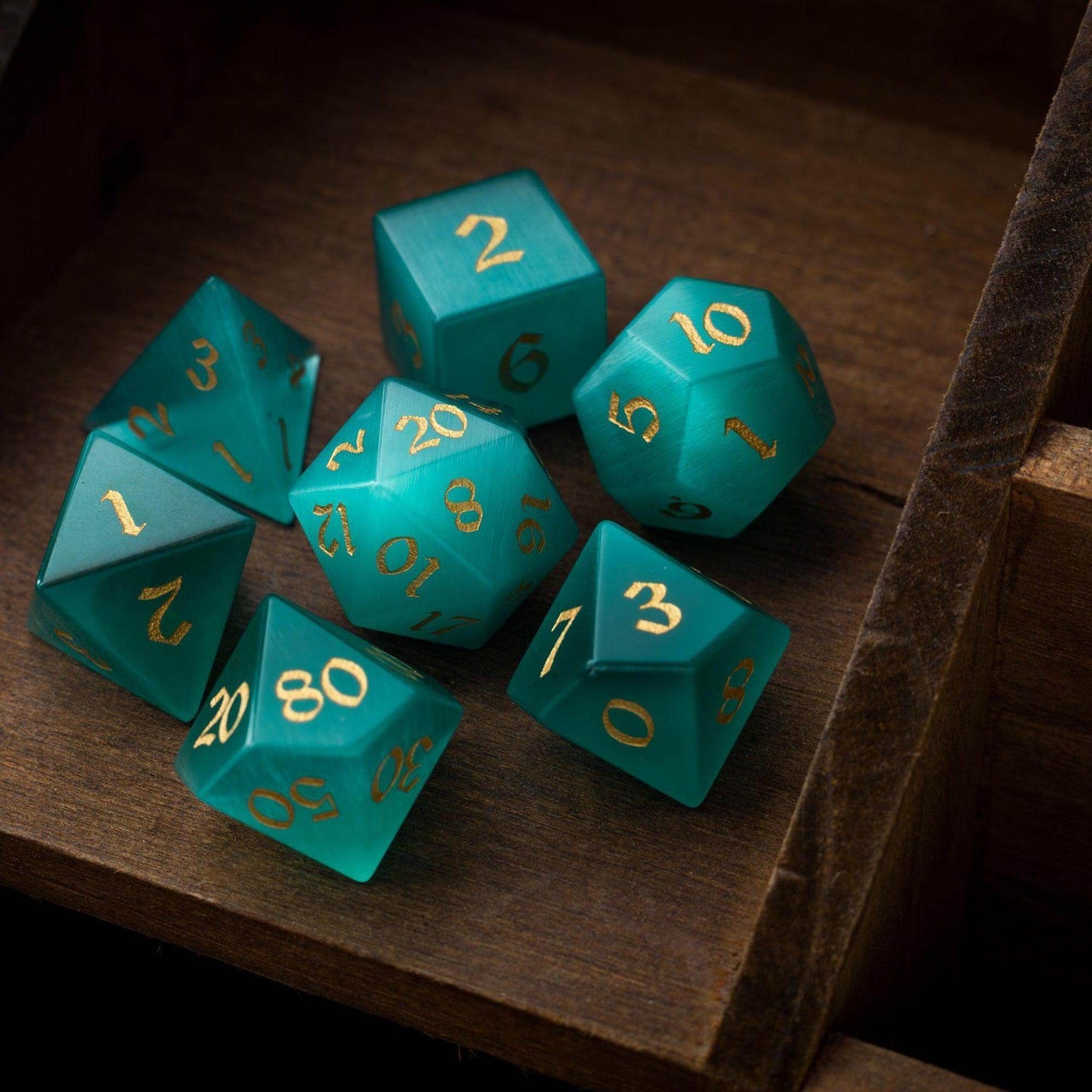 Gemstone Aquamarine Cats Eye Stone Hand Carved DND Dice Set - Full Set And Free Dice Box