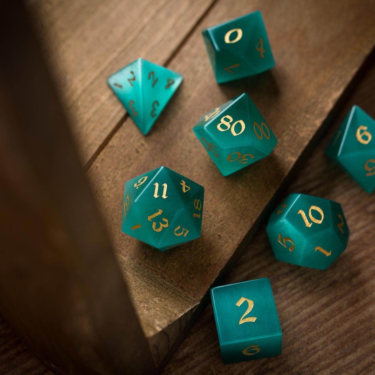 Gemstone Aquamarine Cats Eye Stone Hand Carved DND Dice Set - Full Set And Free Dice Box