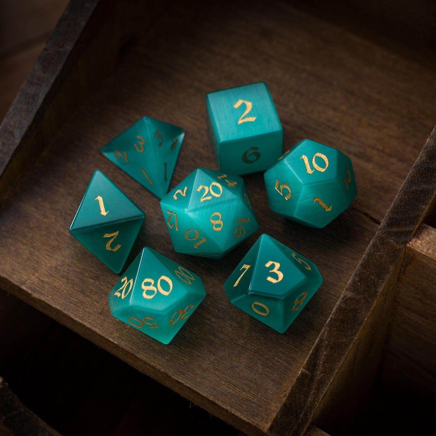 Gemstone Aquamarine Cats Eye Stone Hand Carved DND Dice Set - Full Set And Free Dice Box