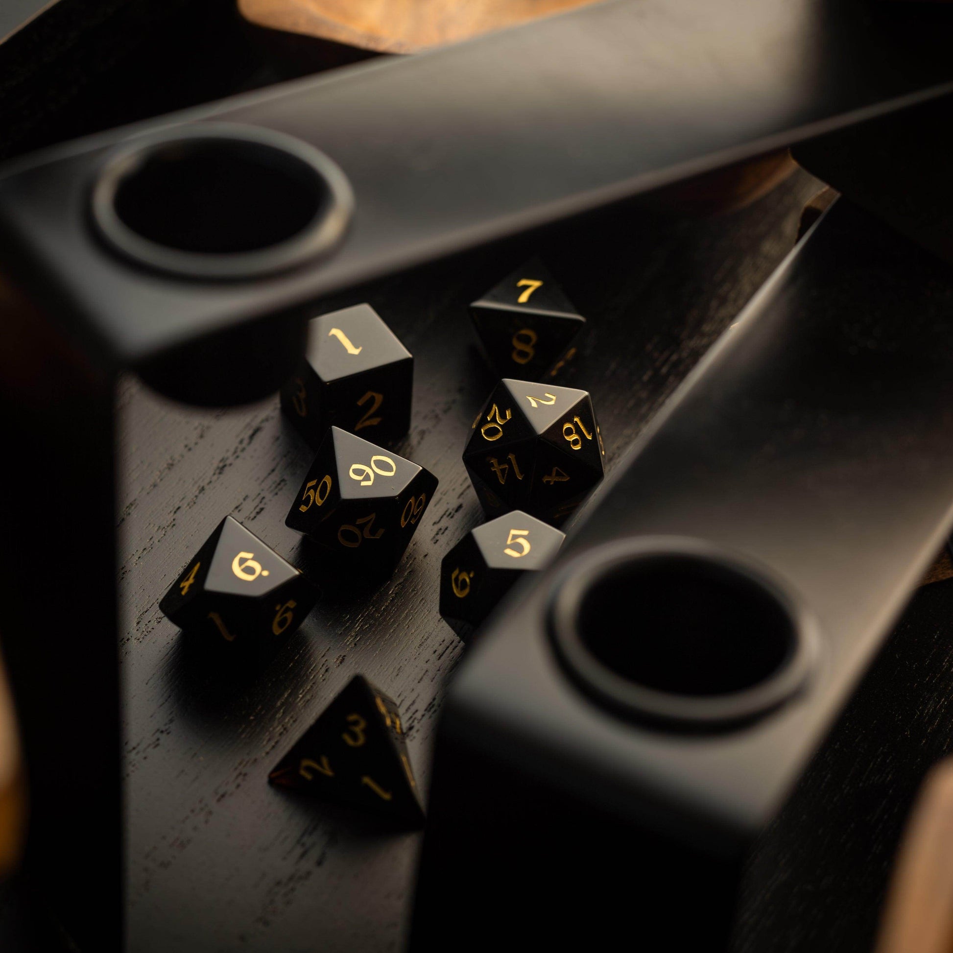 Gemstone Black Night Obsidian Hand Carved DND Dice Set - Full Set And Free Dice Box