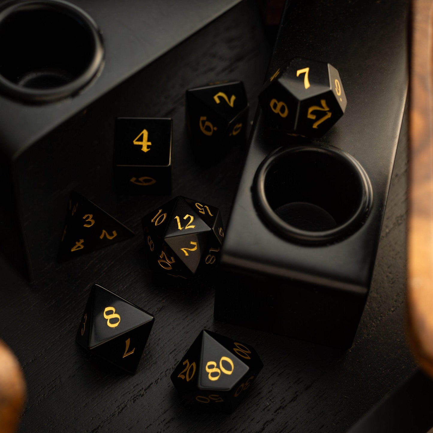 Gemstone Black Night Obsidian Hand Carved DND Dice Set - Full Set And Free Dice Box