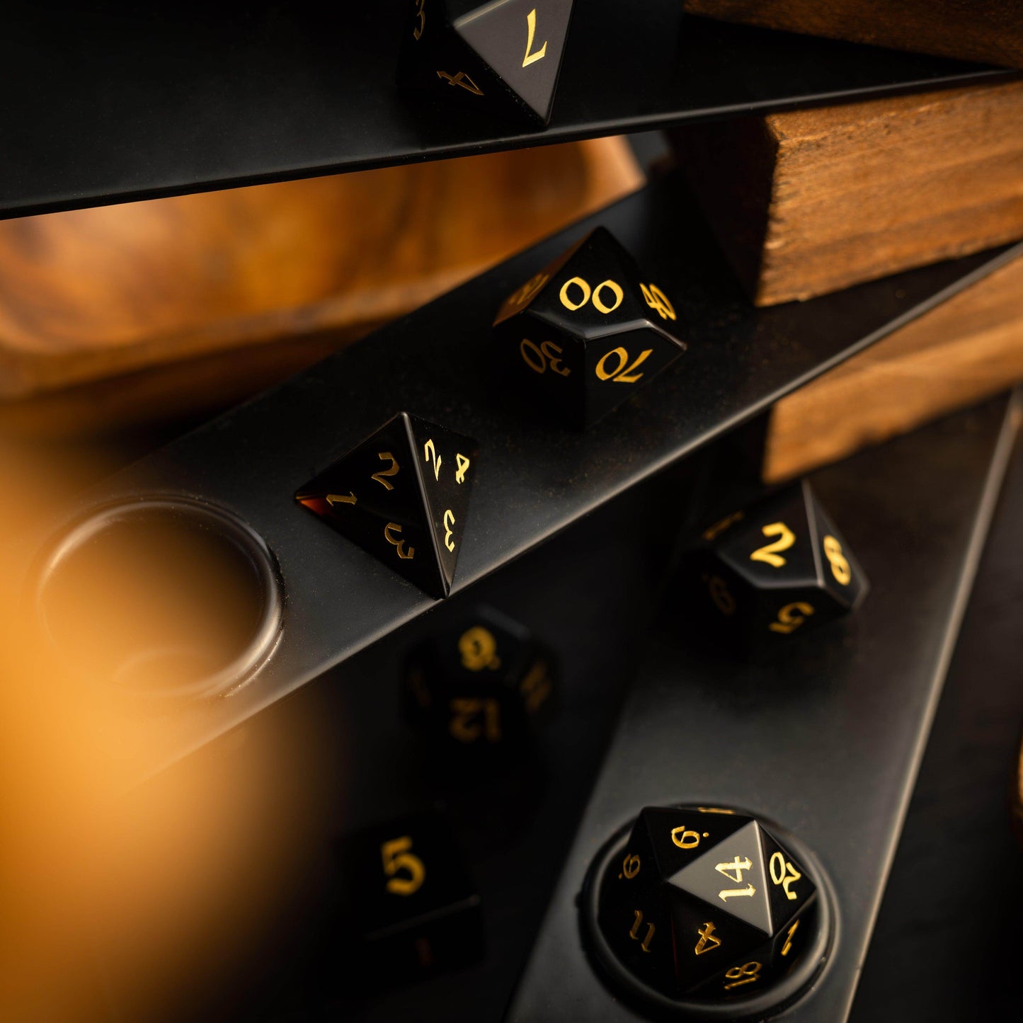 Gemstone Black Night Obsidian Hand Carved DND Dice Set - Full Set And Free Dice Box