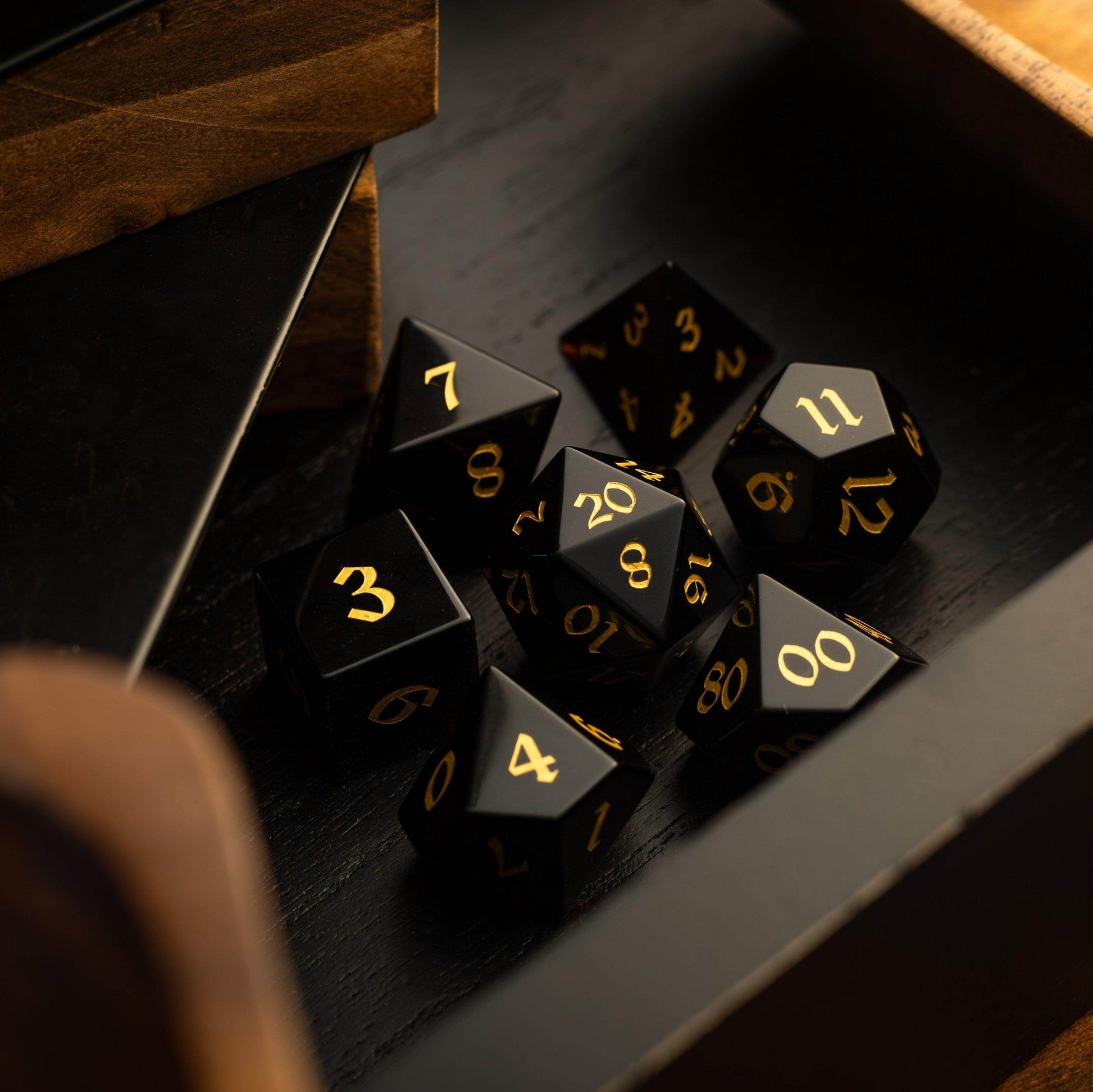 Gemstone Black Night Obsidian Hand Carved DND Dice Set - Full Set And Free Dice Box