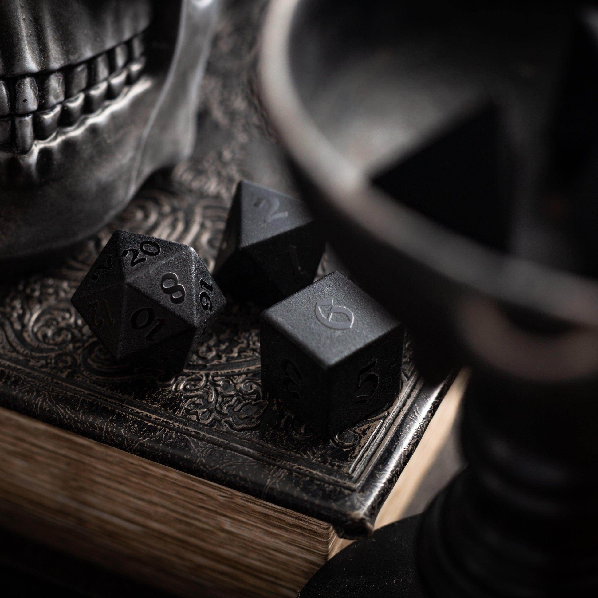 Gemstone Black Night Raised Obsidian Hand Carved DND Dice Set - Full Set And Free Dice Box