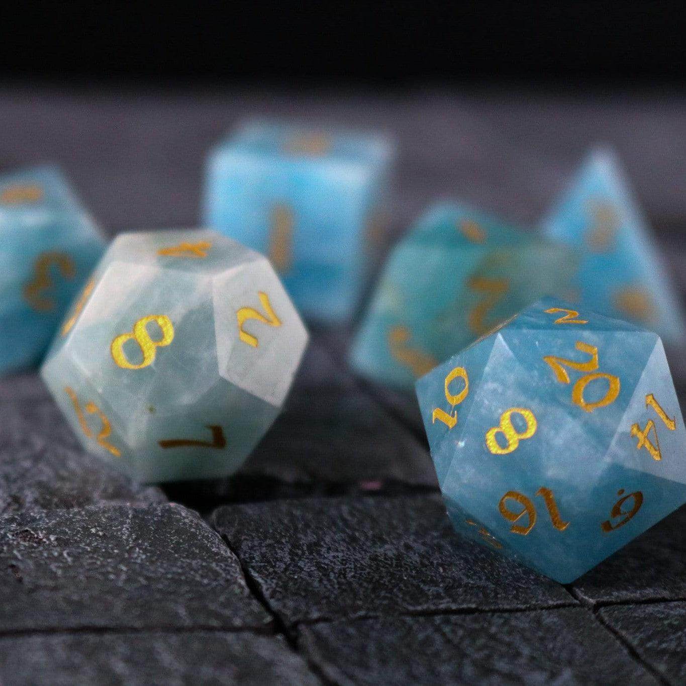 Gemstone Blue Aquamarine Stone Hand Carved DND Dice Set - Full Set And Free Dice Box
