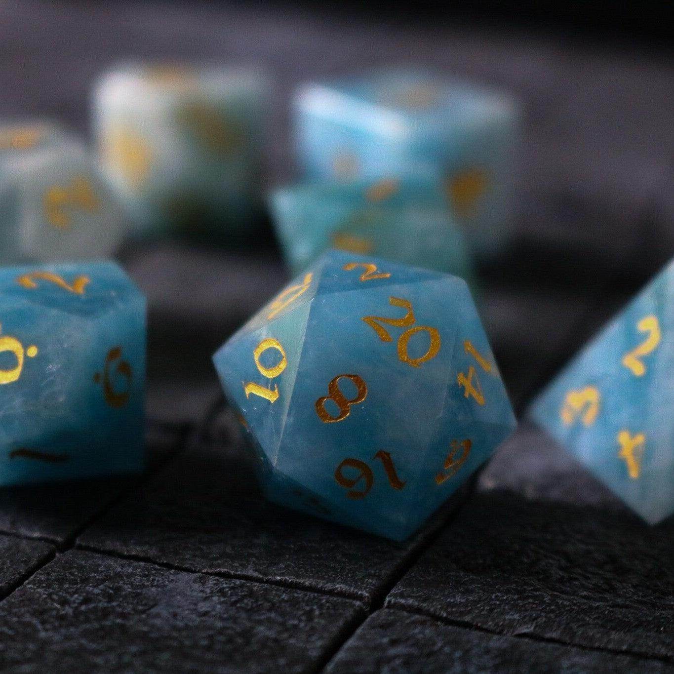 Gemstone Blue Aquamarine Stone Hand Carved DND Dice Set - Full Set And Free Dice Box