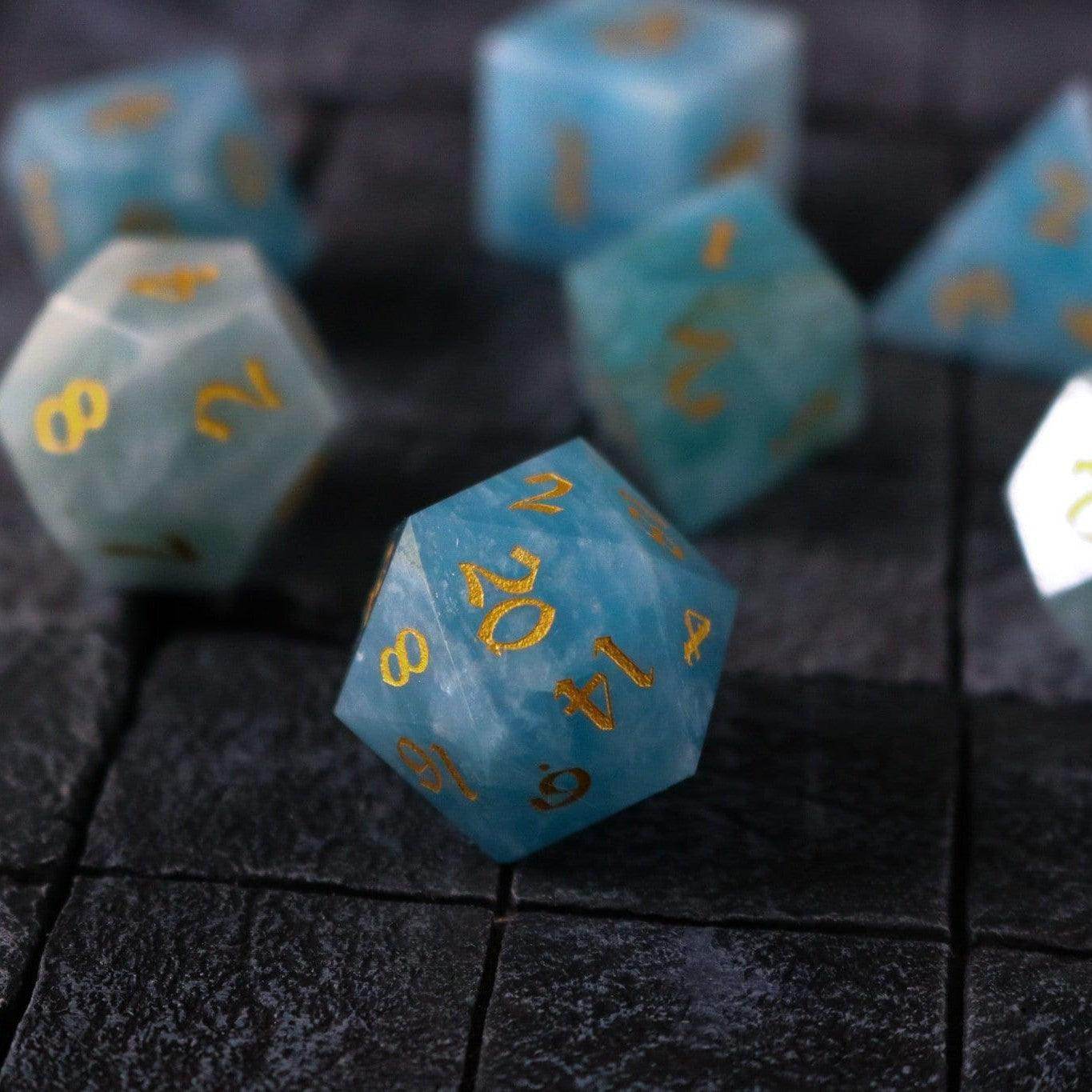 Gemstone Blue Aquamarine Stone Hand Carved DND Dice Set - Full Set And Free Dice Box