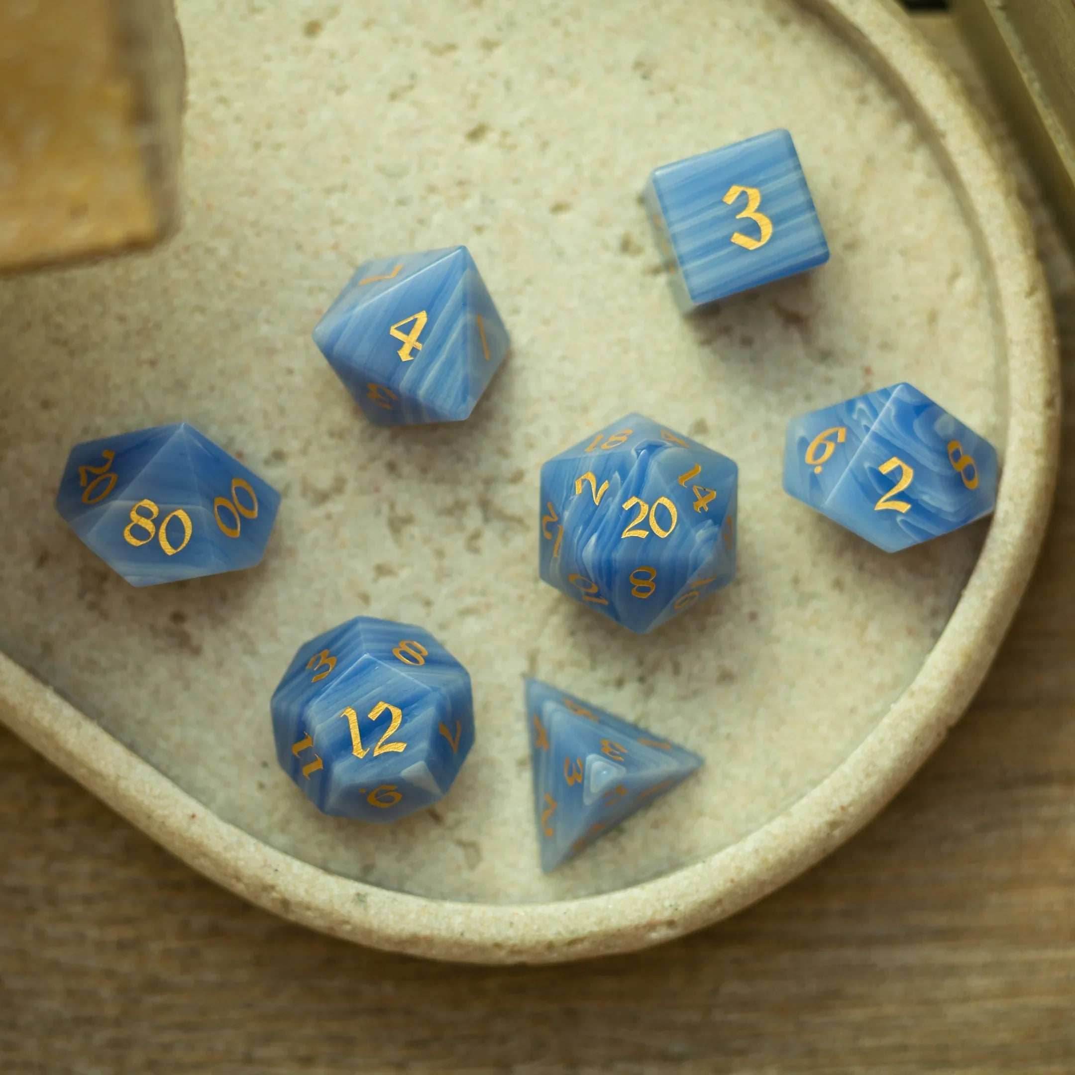 Gemstone Blue Lace Agate Eye Stone Hand Carved DND Dice Set - Full Set And Free Dice Box