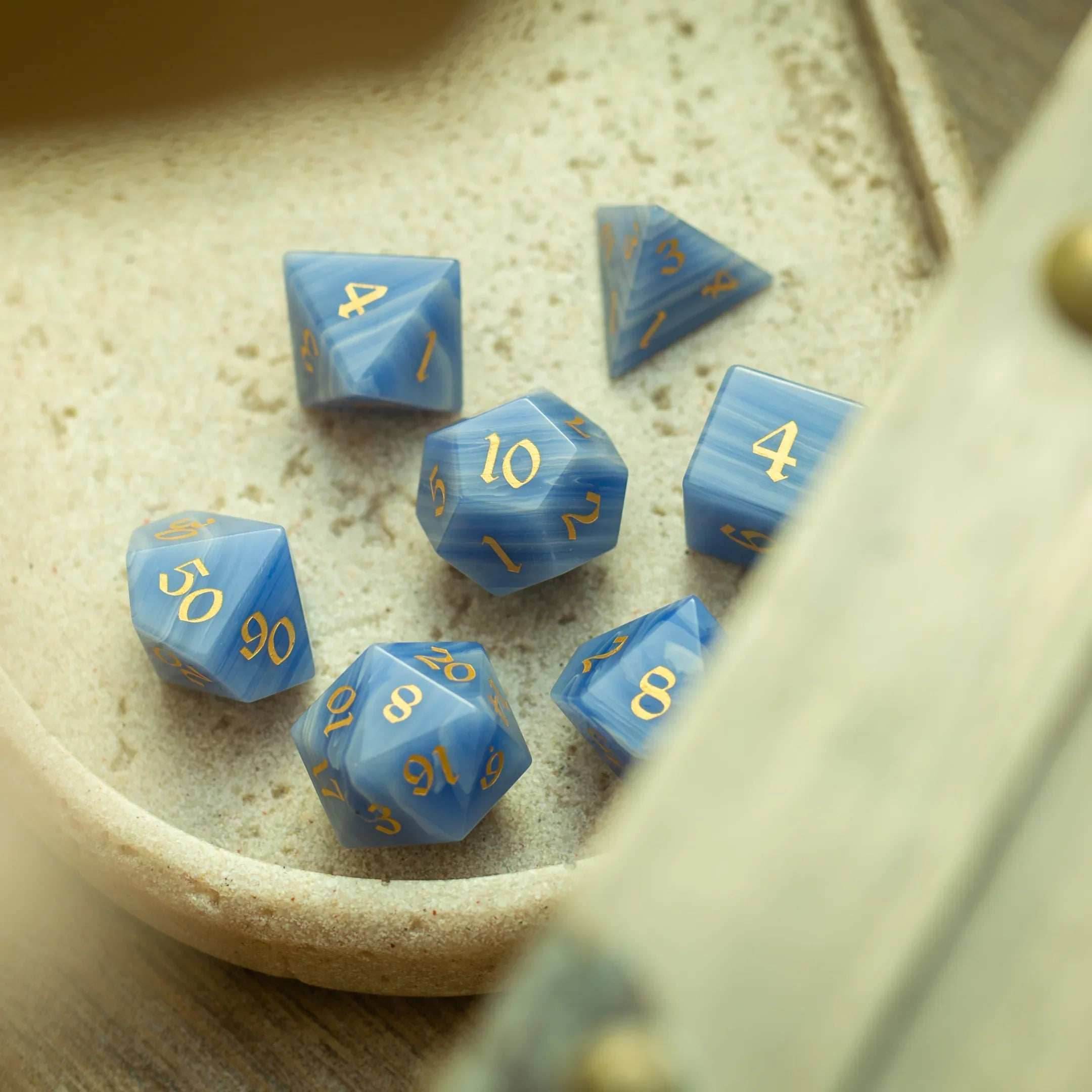 Gemstone Blue Lace Agate Eye Stone Hand Carved DND Dice Set - Full Set And Free Dice Box