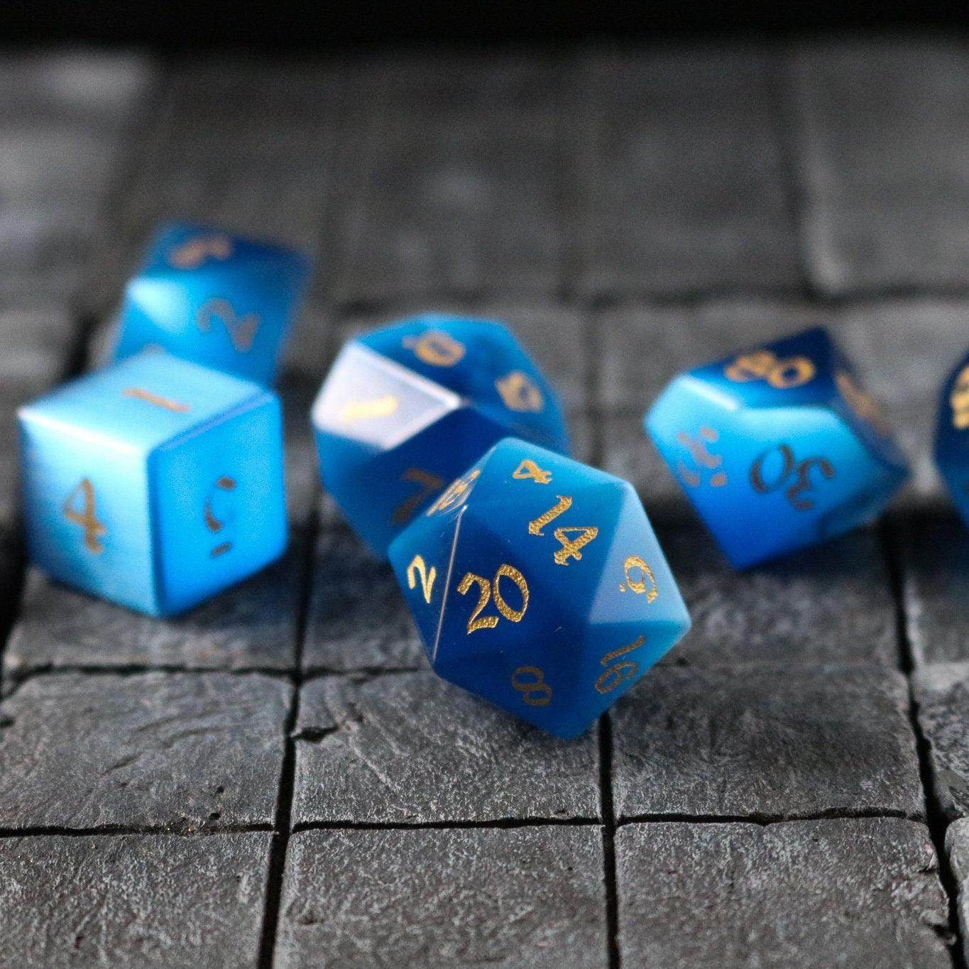 Gemstone Dark Blue Cats Eye Stone Hand Carved DND Dice Set - Full Set And Free Dice Box