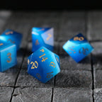 Gemstone Dark Blue Cats Eye Stone Hand Carved DND Dice Set - Full Set And Free Dice Box