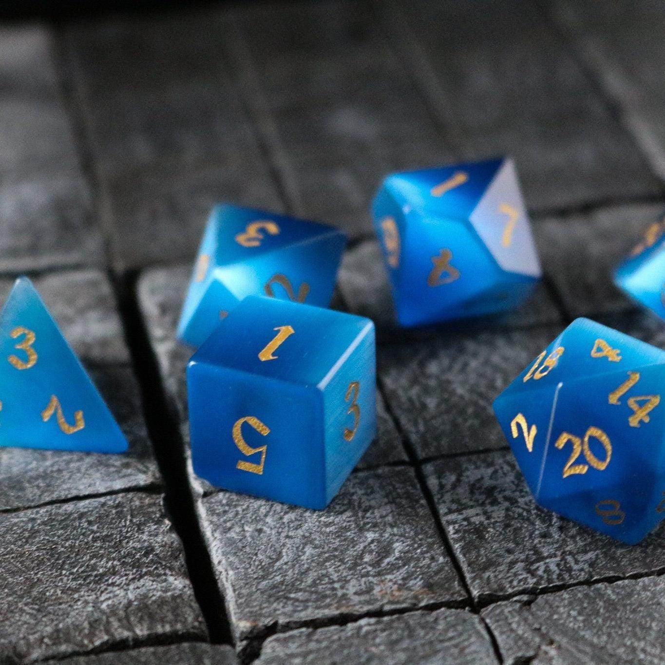 Gemstone Dark Blue Cats Eye Stone Hand Carved DND Dice Set - Full Set And Free Dice Box