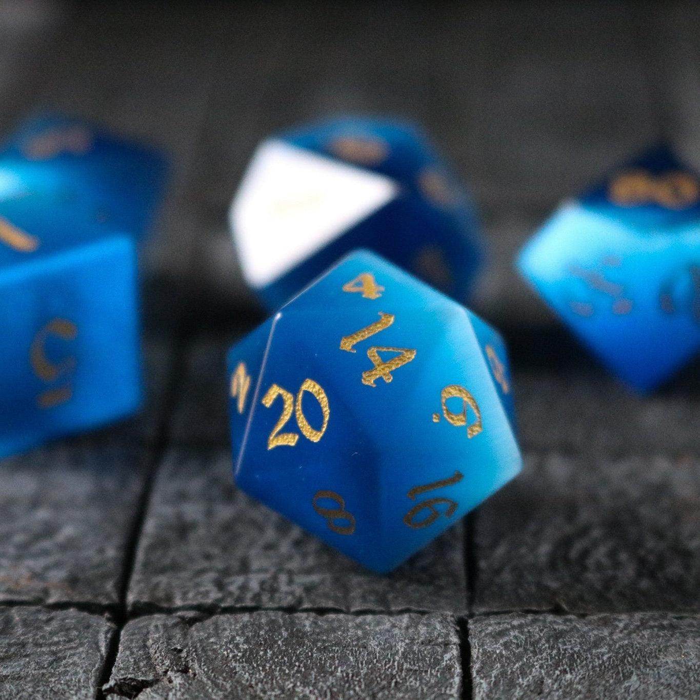 Gemstone Dark Blue Cats Eye Stone Hand Carved DND Dice Set - Full Set And Free Dice Box