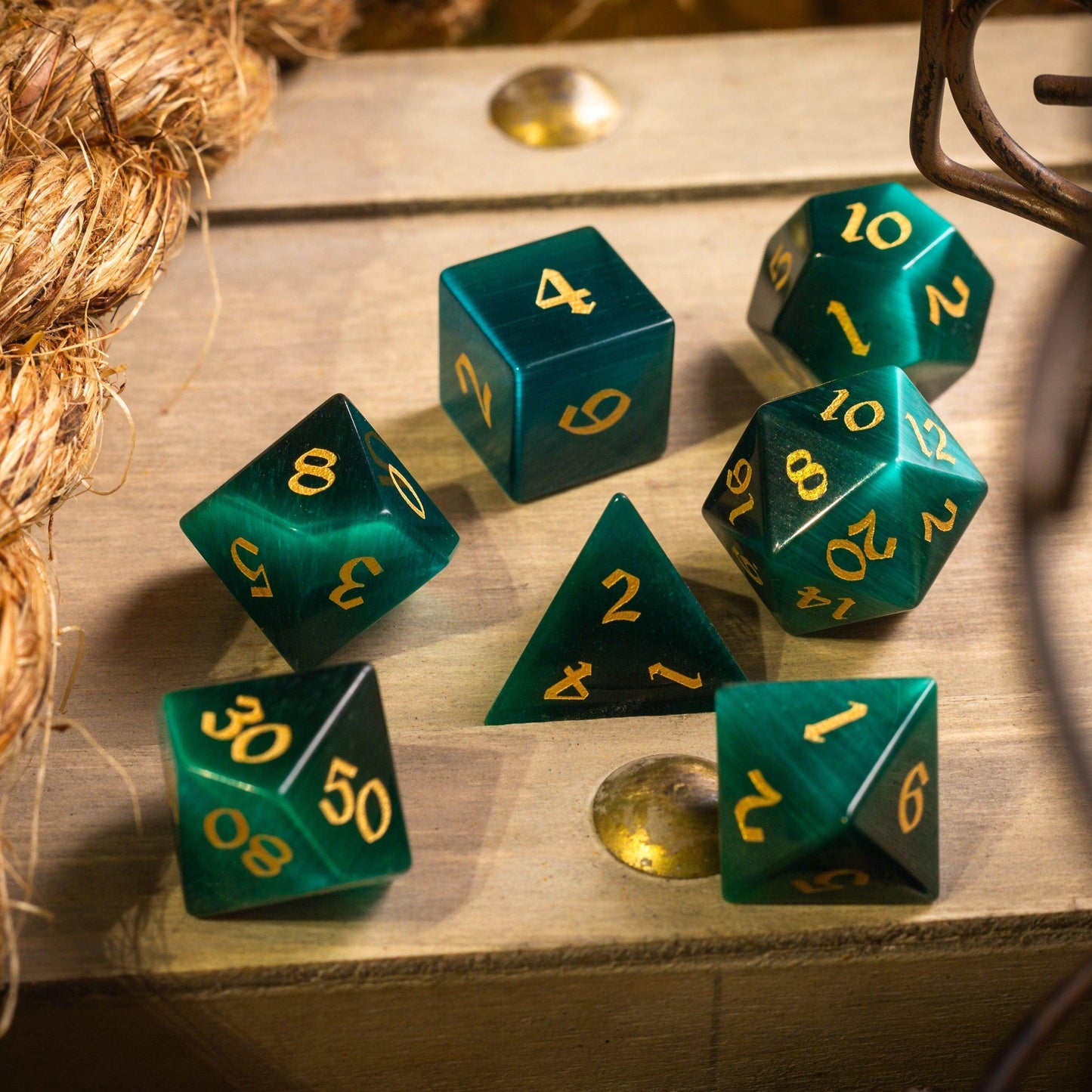 Gemstone Dark Green Cats Eye Stone Hand Carved DND Dice Set - Full Set And Free Dice Box