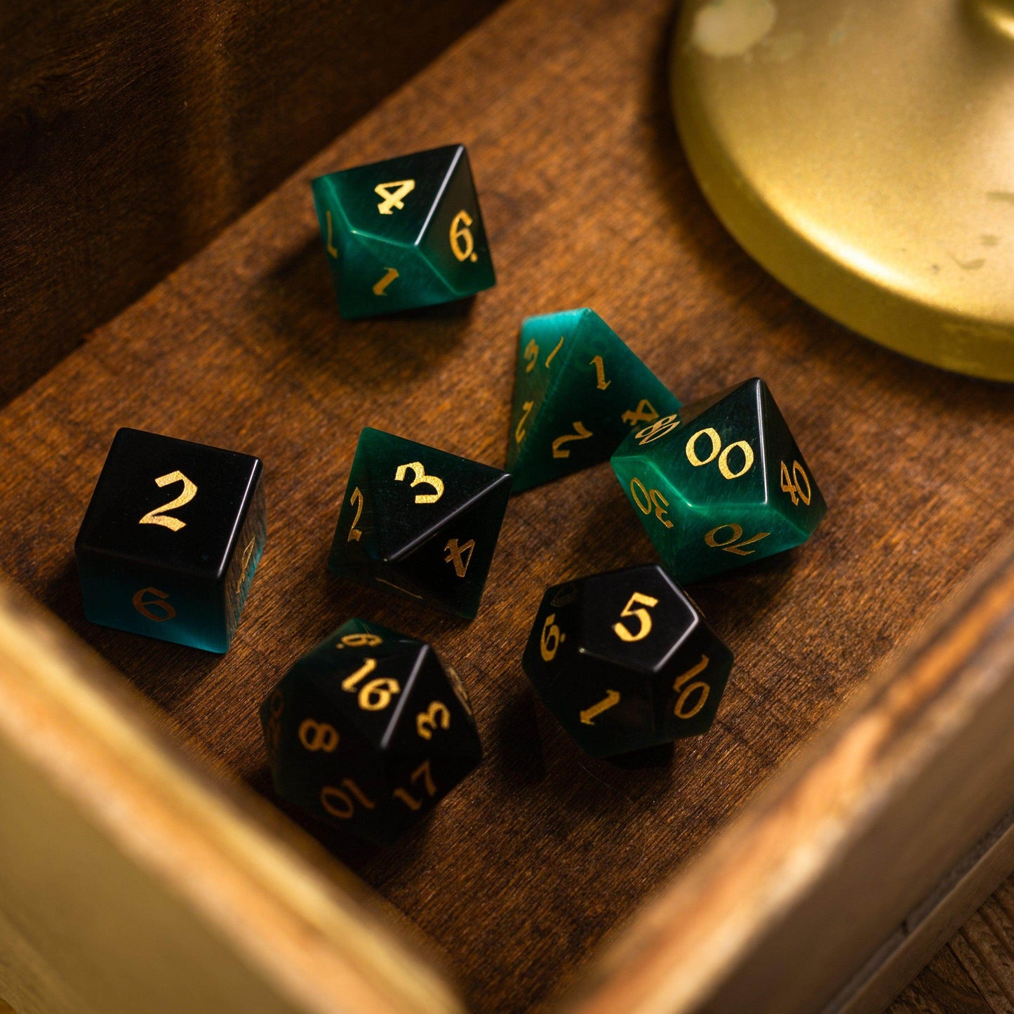 Gemstone Dark Green Cats Eye Stone Hand Carved DND Dice Set - Full Set And Free Dice Box