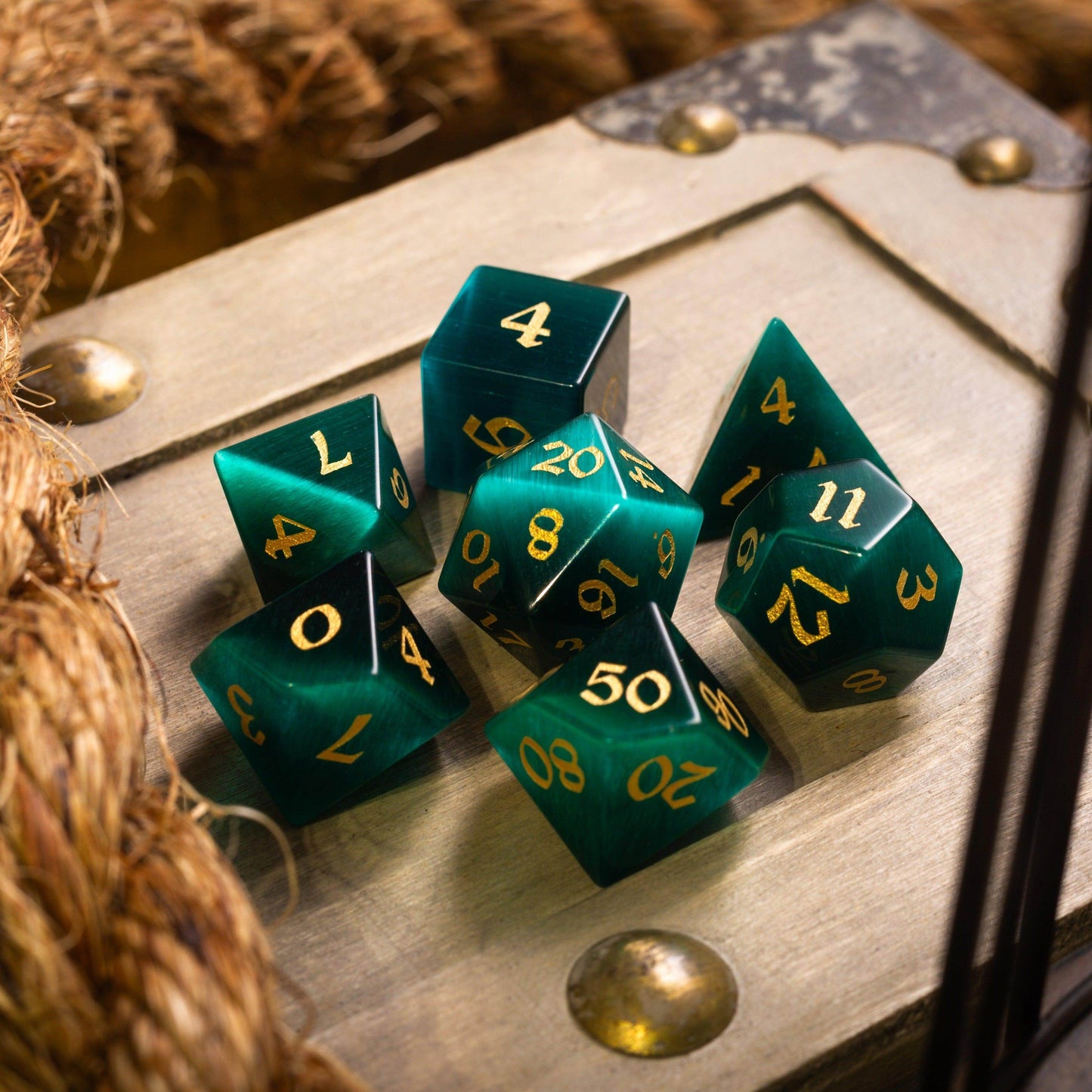 Gemstone Dark Green Cats Eye Stone Hand Carved DND Dice Set - Full Set And Free Dice Box