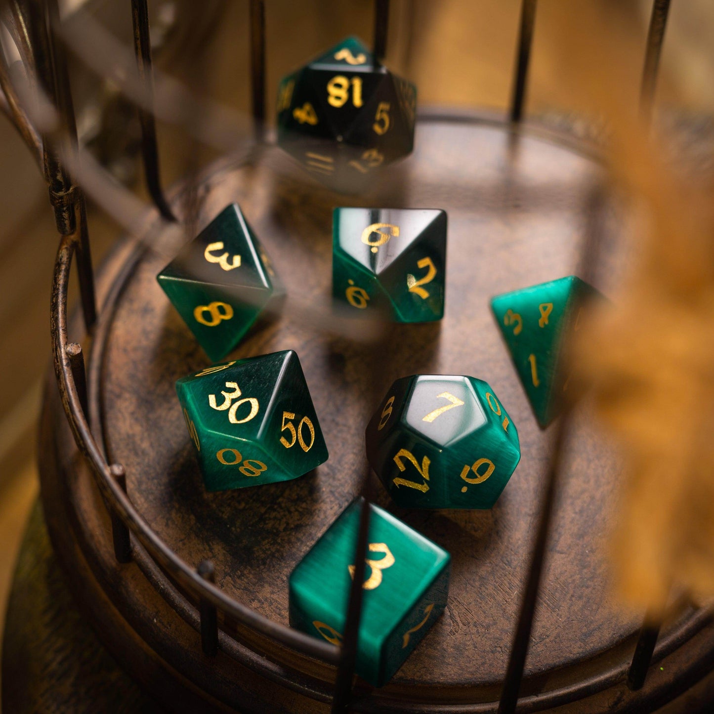 Gemstone Dark Green Cats Eye Stone Hand Carved DND Dice Set - Full Set And Free Dice Box