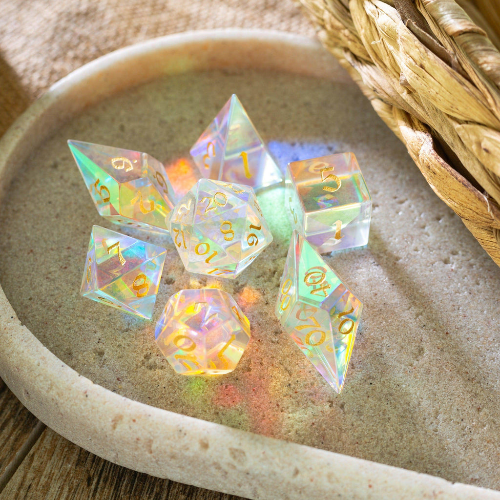 Gemstone Dichroic Glass Elven Cut DND Dice Set - Only 1 D20